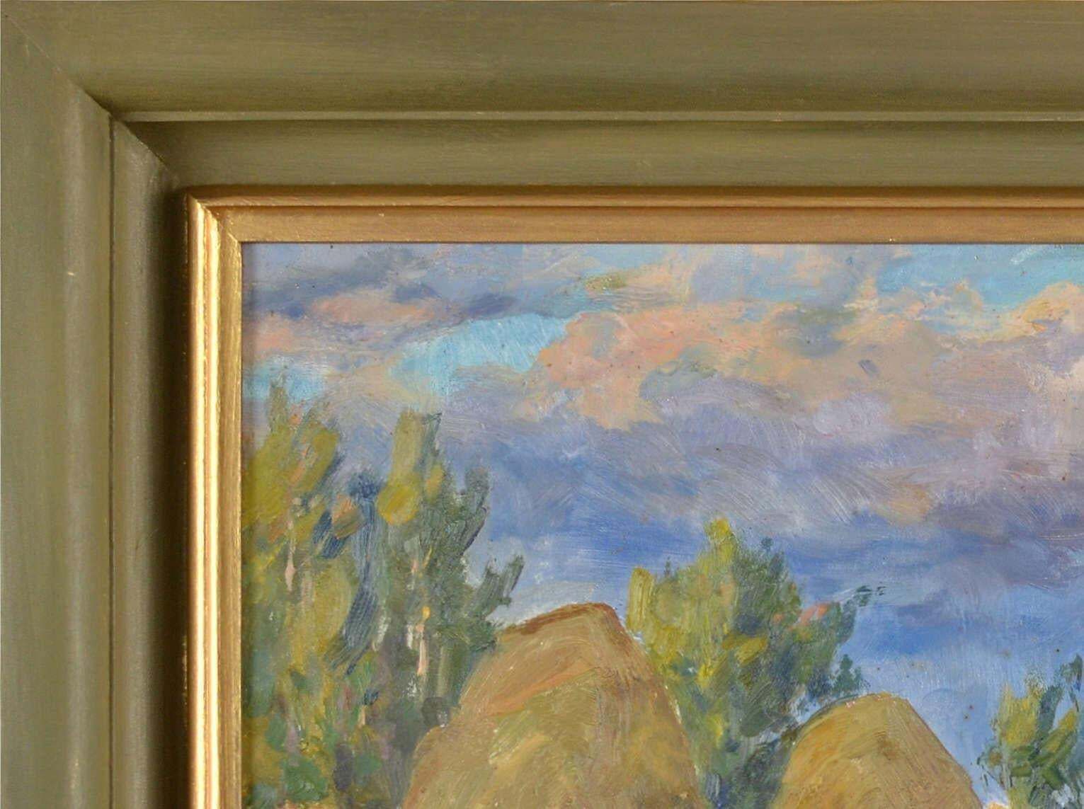 Arnolds Pankoks Landscape With Hey Stacks. Oil On Cardboard. 35x49 Cm 1990 photo vintage