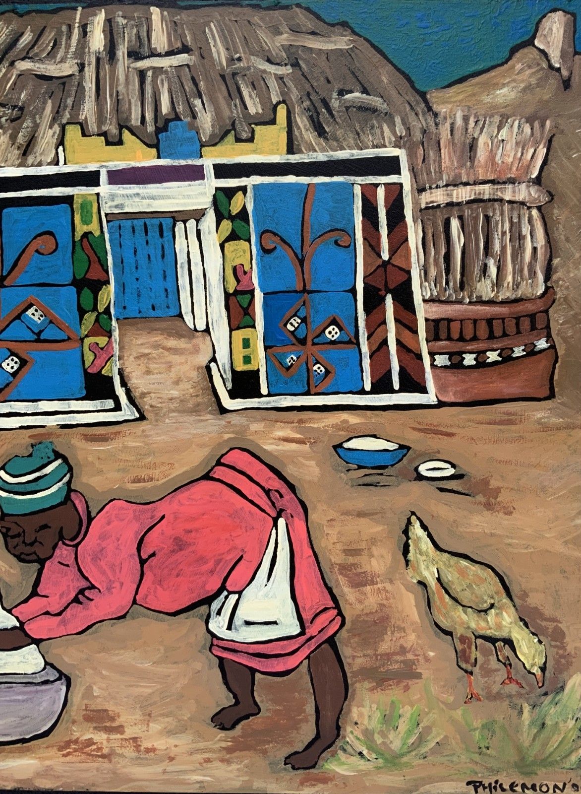 Adorable 1950s Vintage Antique African Folk Art Oil On Board Painting photo 299.0