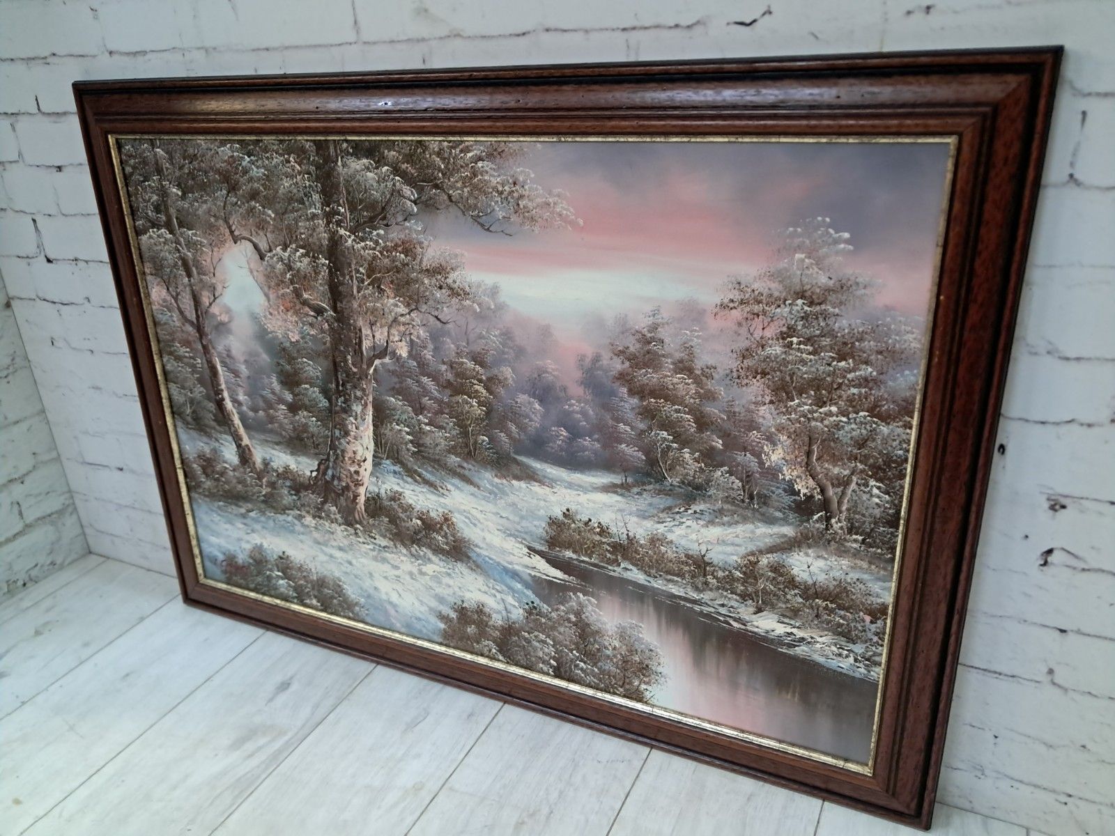 Vintage Large Oil Painting Winter Landscape Trees River Oil On Canvas Framed photo furniture