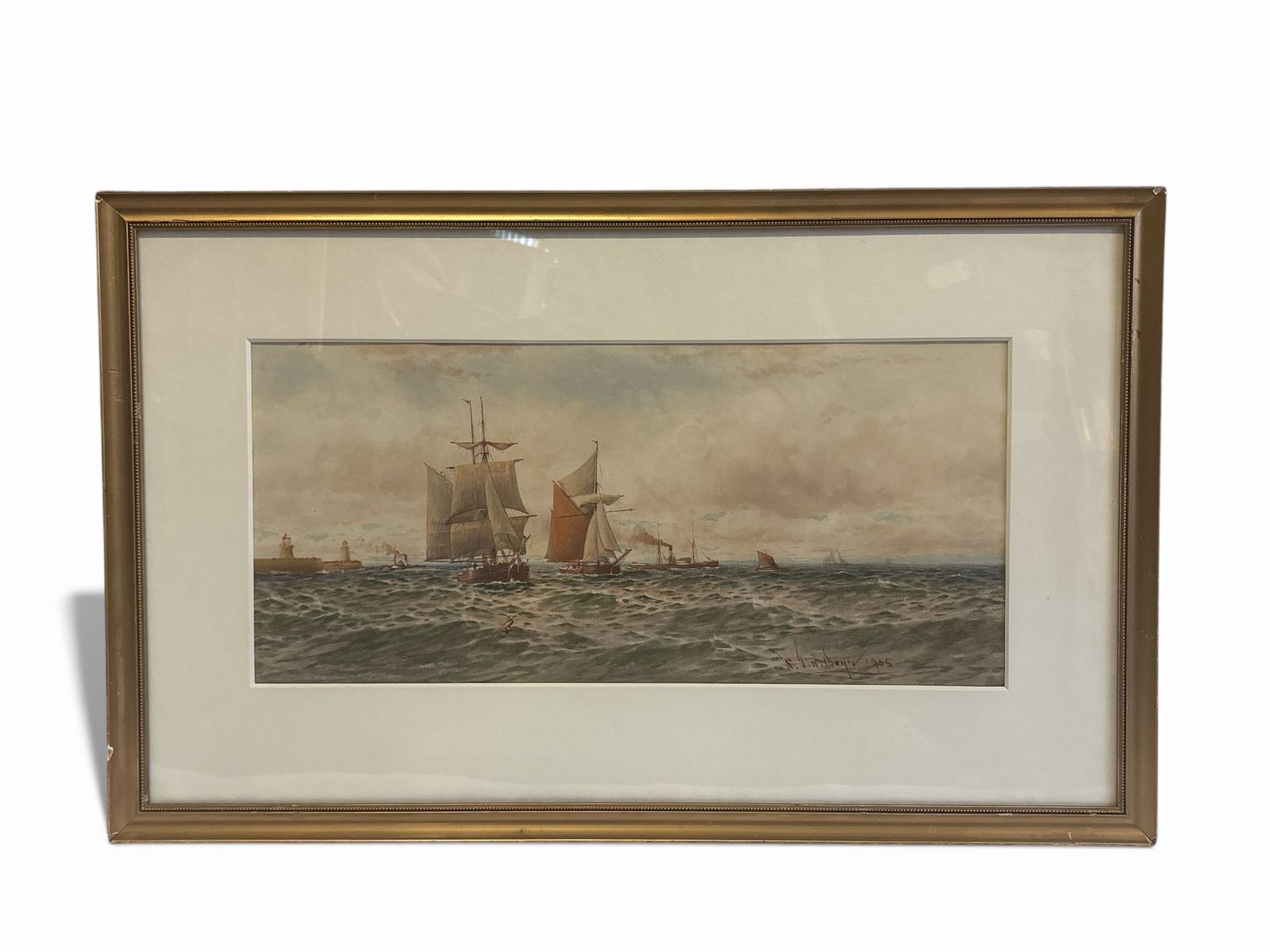 Painting Of Sailboats Passing Lighthouses Dated 1905