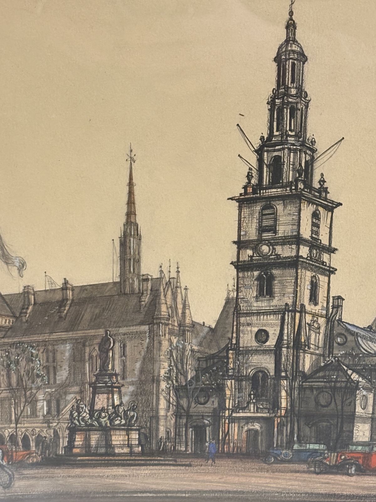 Pencil And Watercolour Drawing Of A Continental Building By J W Hogley C.1940 photo 145.0