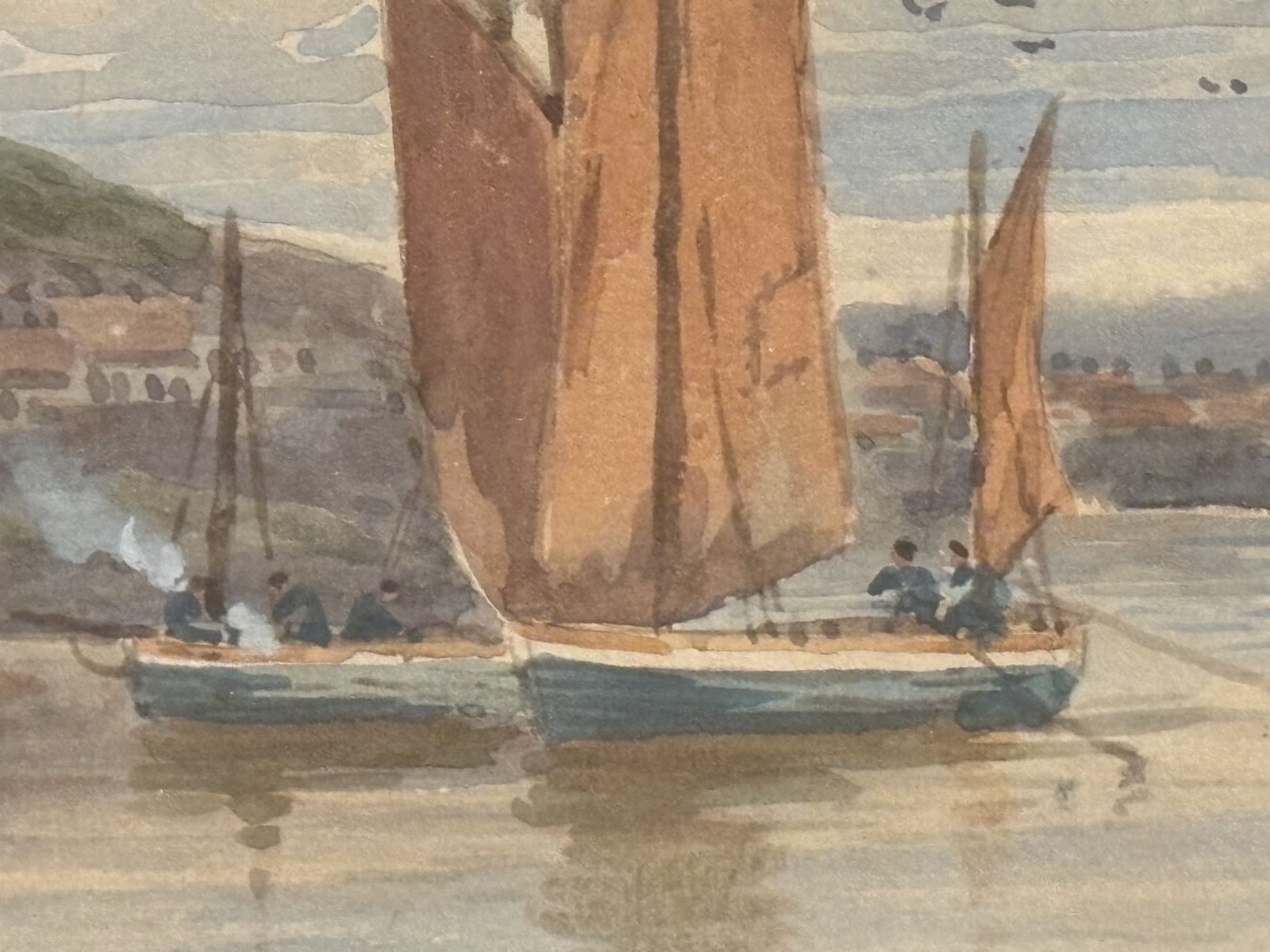 Painting Of Boats Off The Coast Of Whitby By Fred Waugh Dated 1905 photo vinterior
