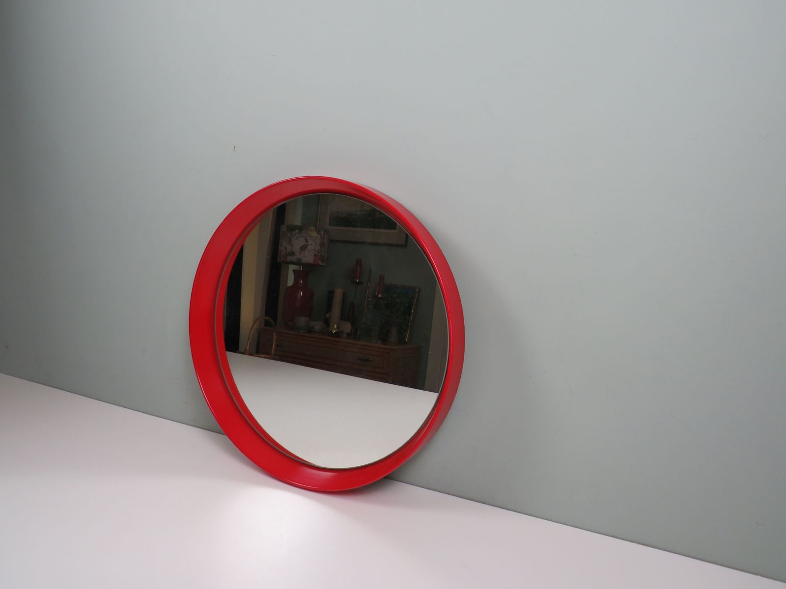 Mid Century Circular Wall Mirror With Red Lacquered Wooden Frame, 1960s photo Home Decor