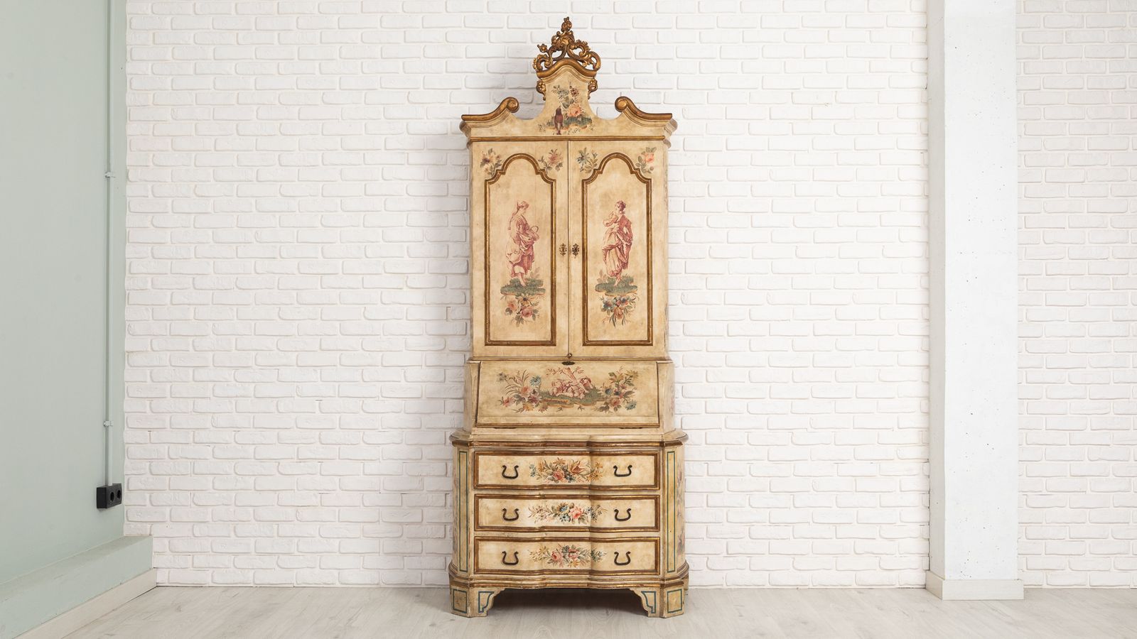 Antique Polychrome Secretary Desk With Red Interior