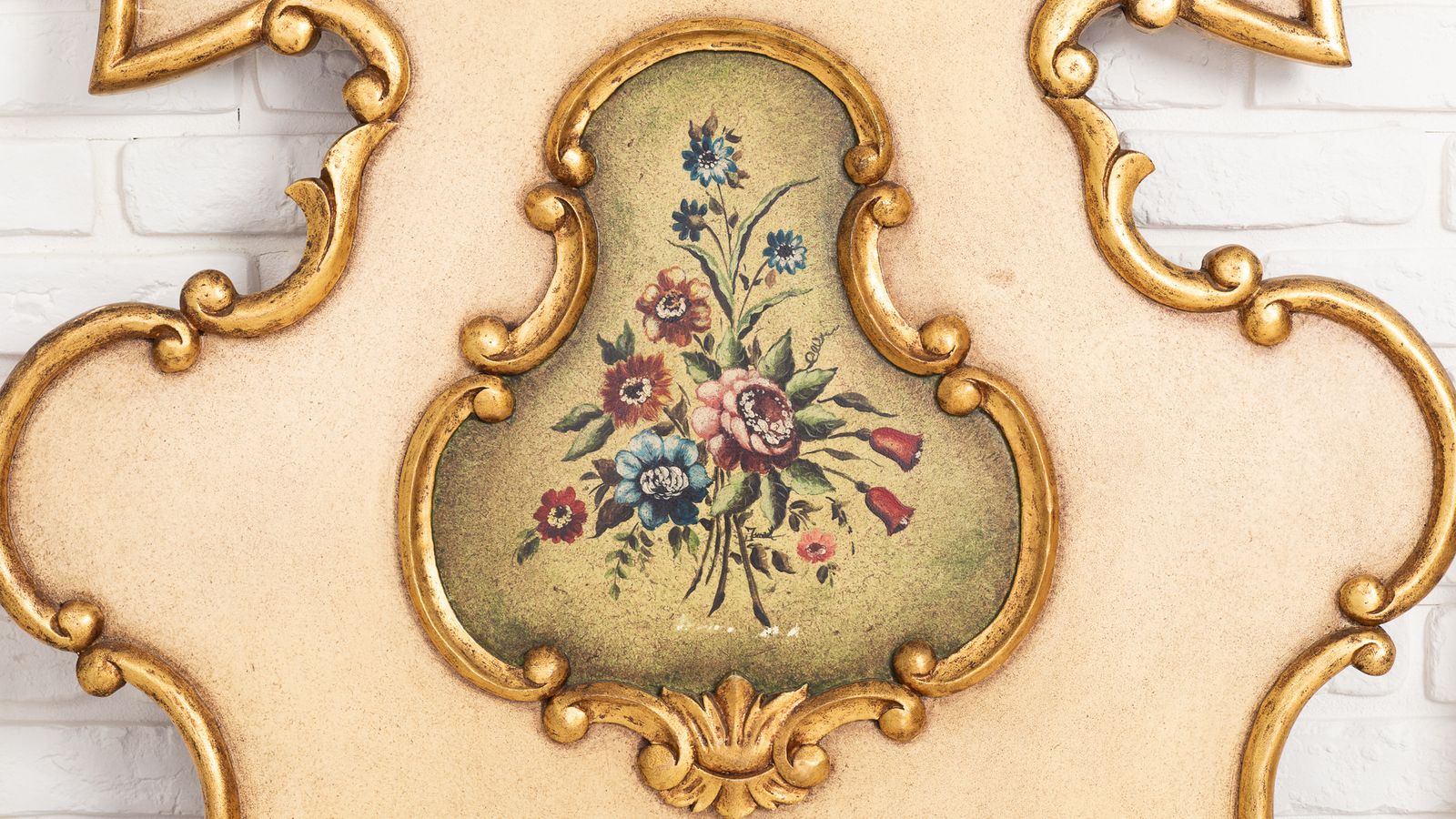 Hand Painted Polychrome Headboard, Olotino Style, Spain, Mid 20th Century photo furniture