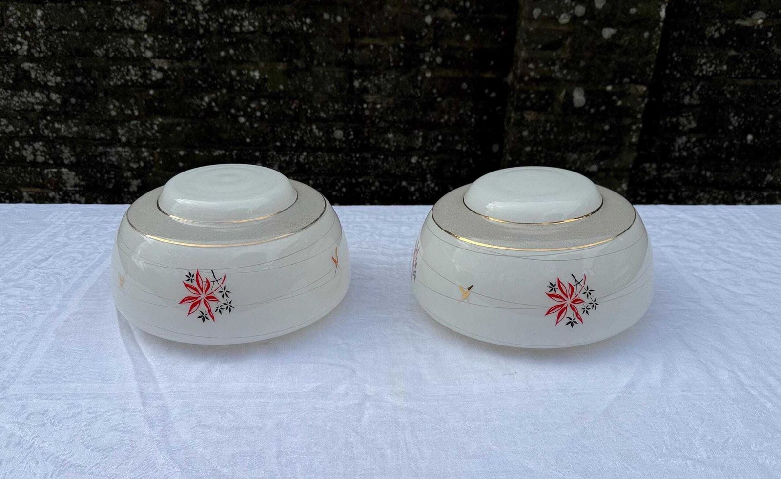 Authentic Pair Of Vintage Frosted Glass Ceiling Light Shades With Floral Mid Century Detailing