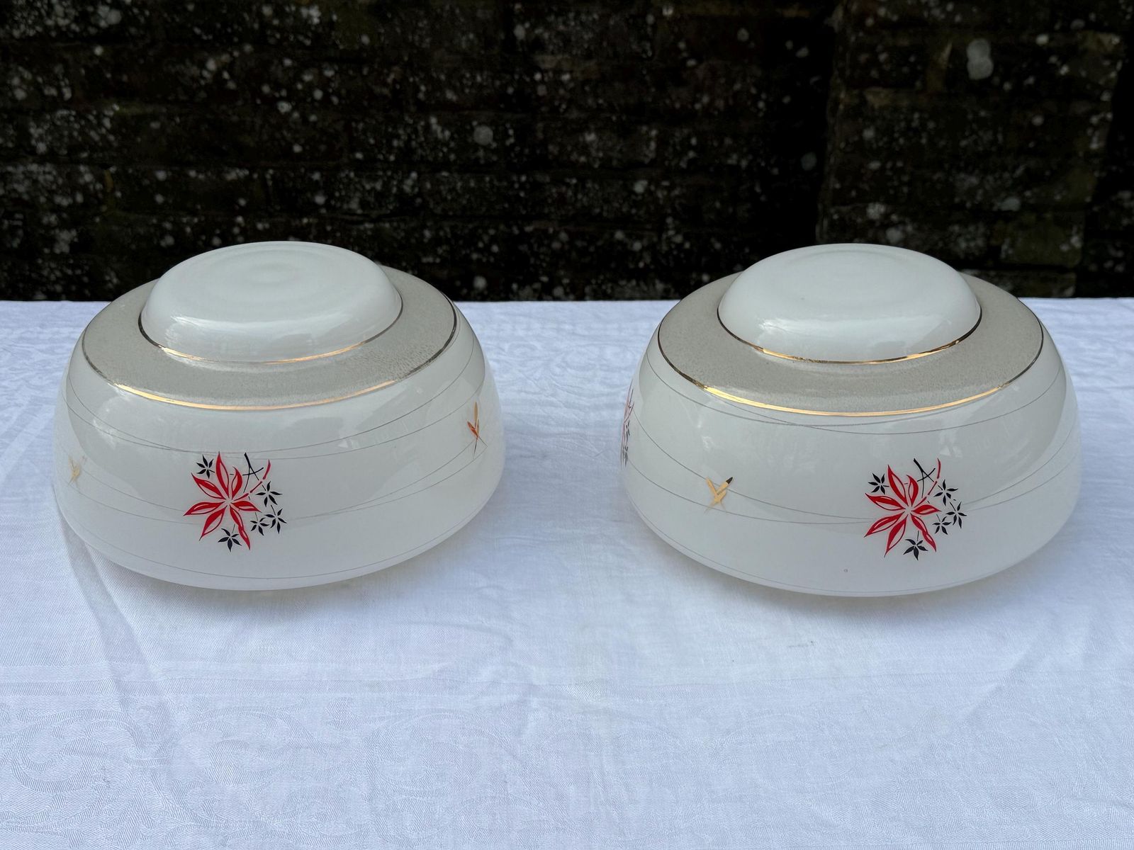 Authentic Pair Of Vintage Frosted Glass Ceiling Light Shades With Floral Mid Century Detailing photo furniture