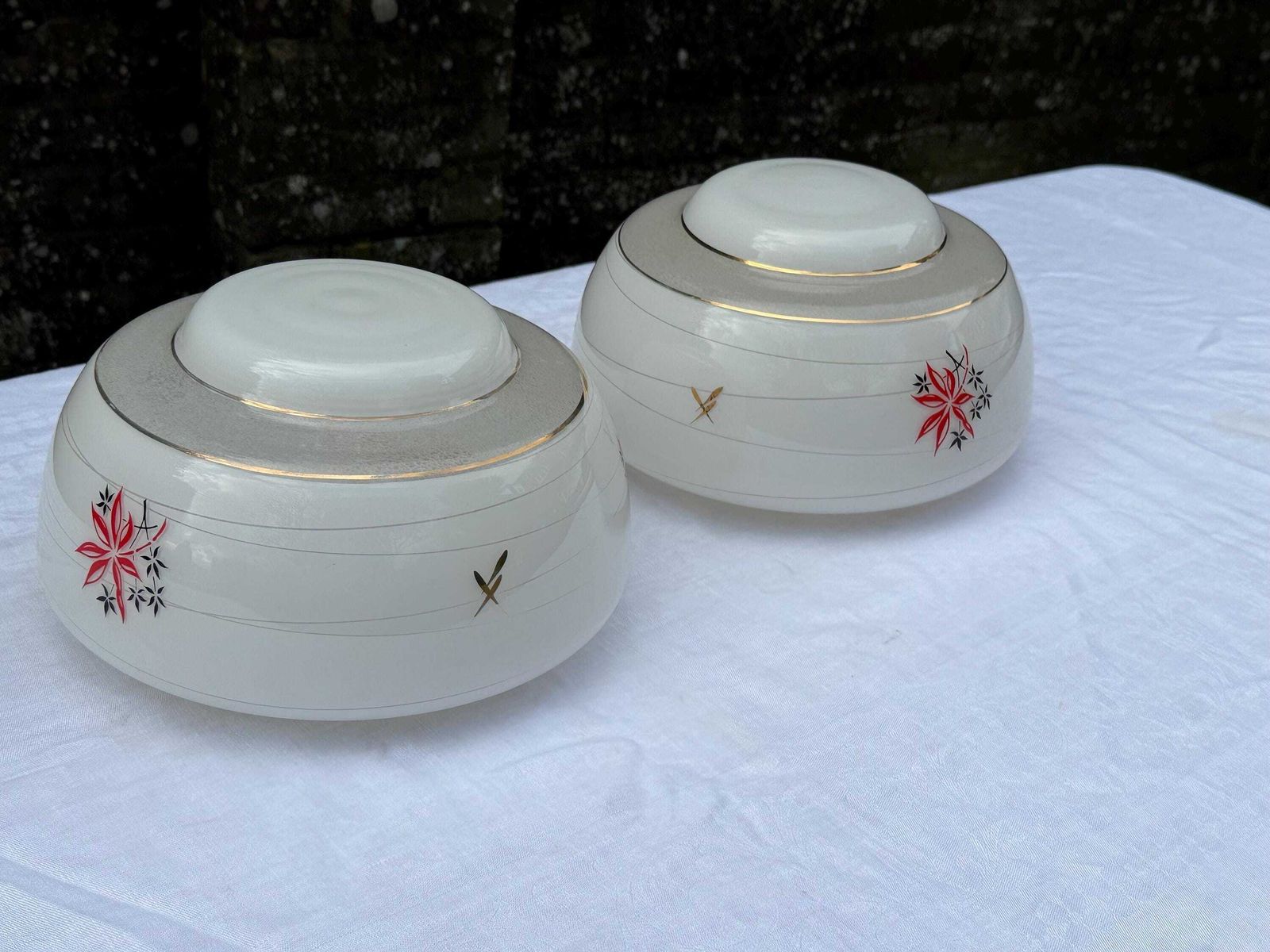 photo for sale Authentic Pair Of Vintage Frosted Glass Ceiling Light Shades With Floral Mid Century Detailing