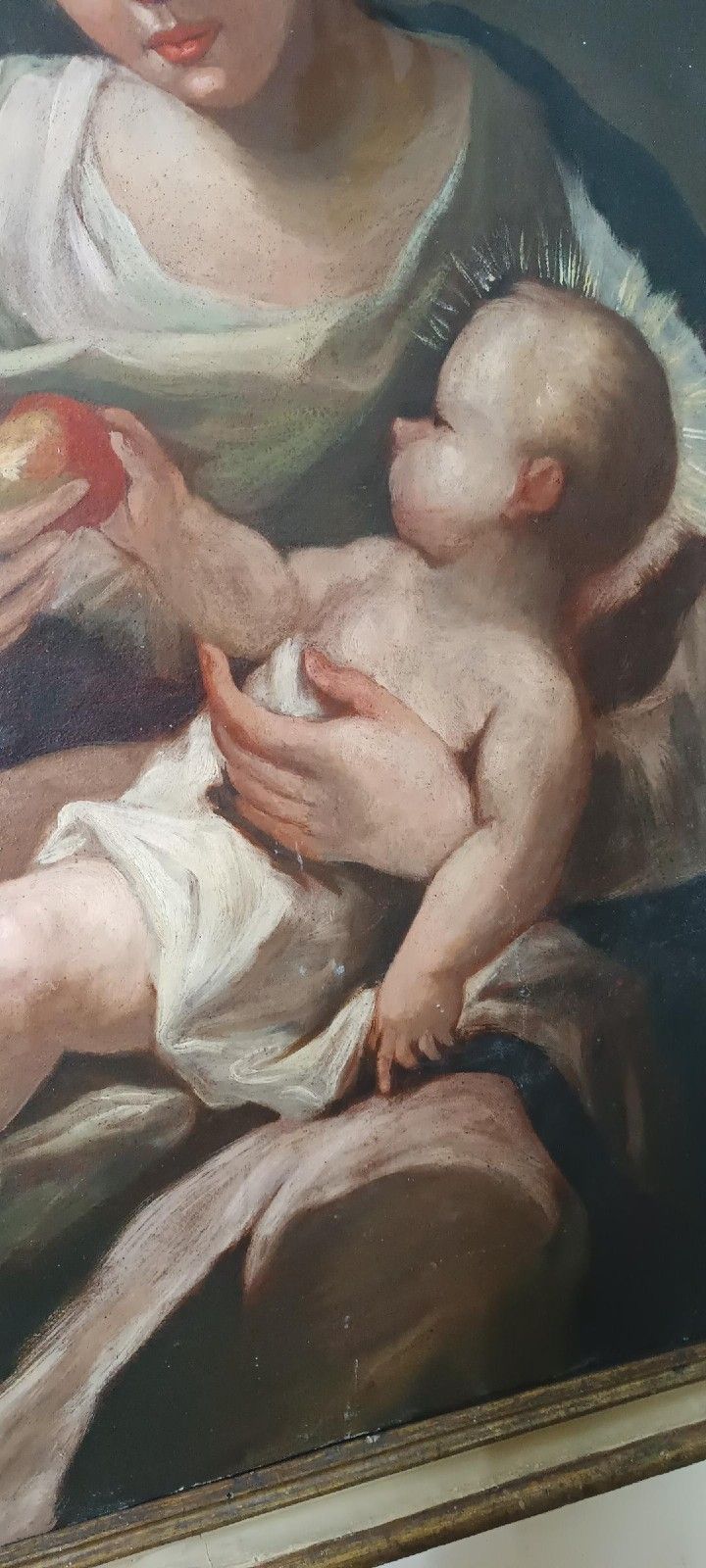 Antique Oil Painting On Canvas Madonna With Child 18th Century photo vintage
