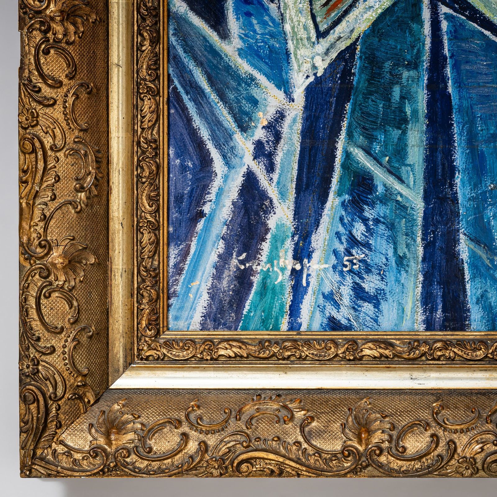 Werner Kreuzhage (1904–1989), Blue Fish Oil Painting On Wood, Abstract, 1955 photo furniture