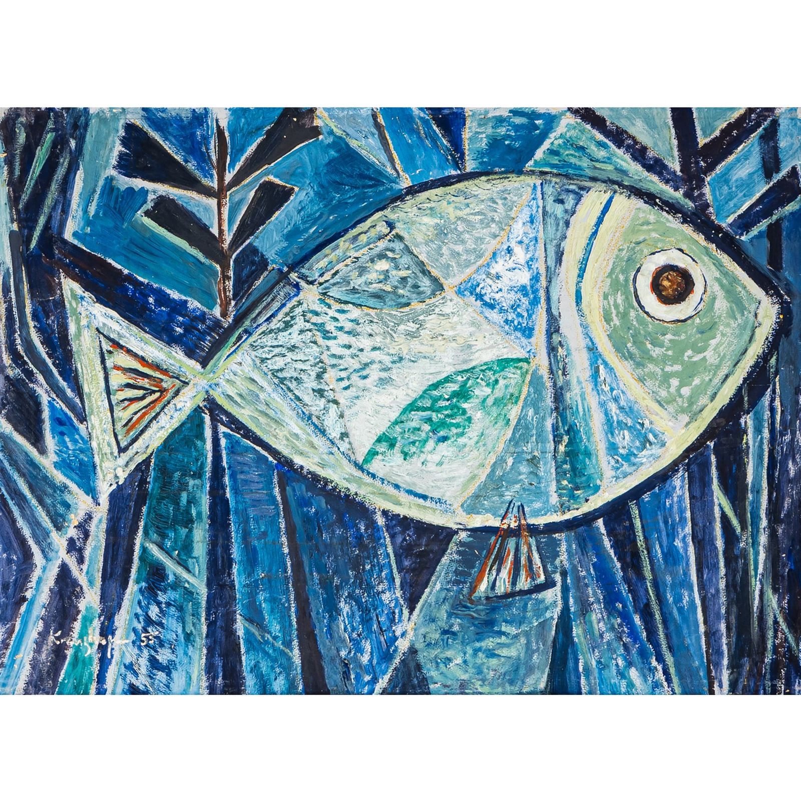 Werner Kreuzhage (1904–1989), Blue Fish Oil Painting On Wood, Abstract, 1955 photo for sale