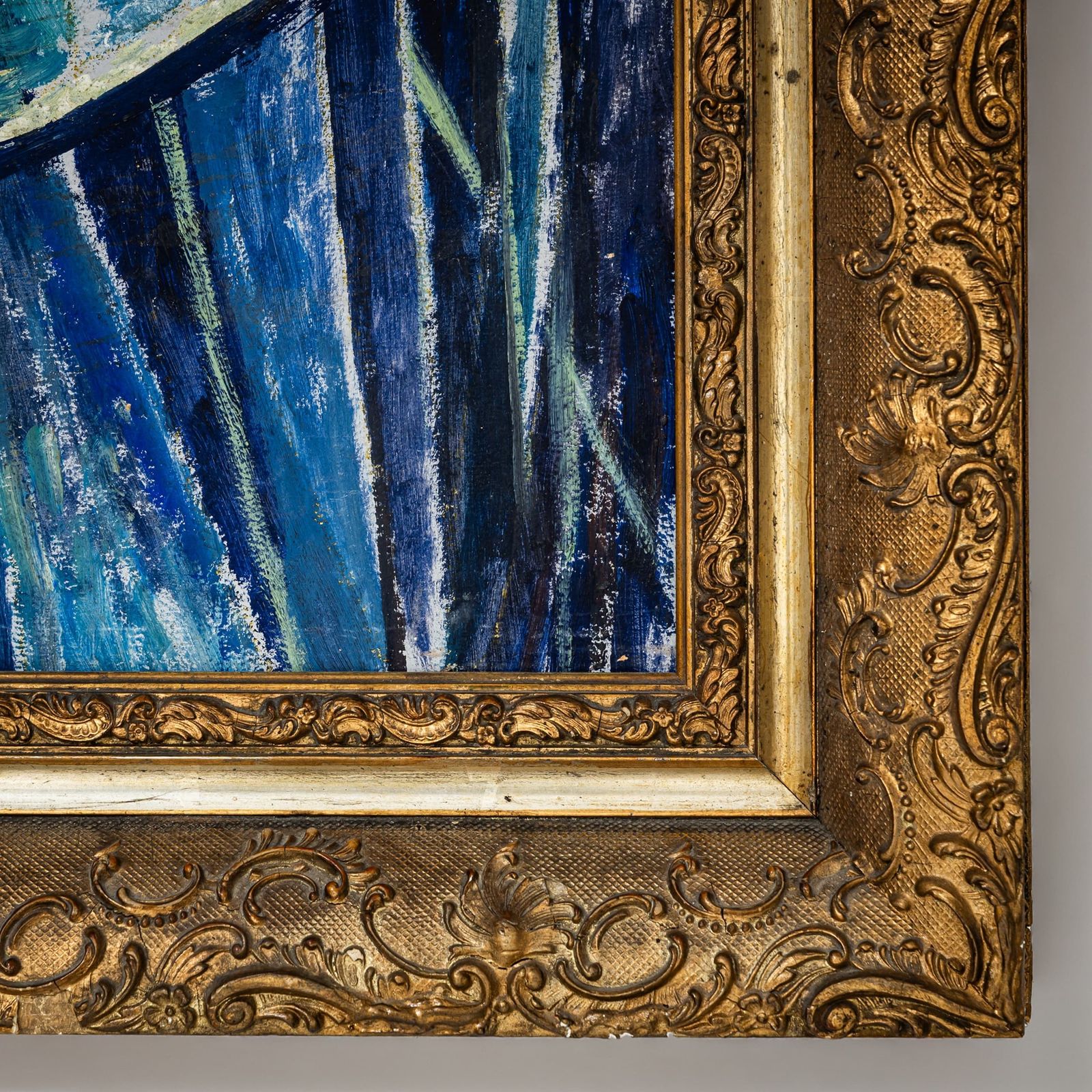 photo for sale Werner Kreuzhage (1904–1989), Blue Fish Oil Painting On Wood, Abstract, 1955