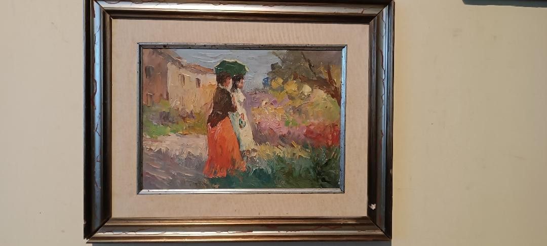 Painting Figures Oil On Board Impressionist Style 1950s\60s photo for sale