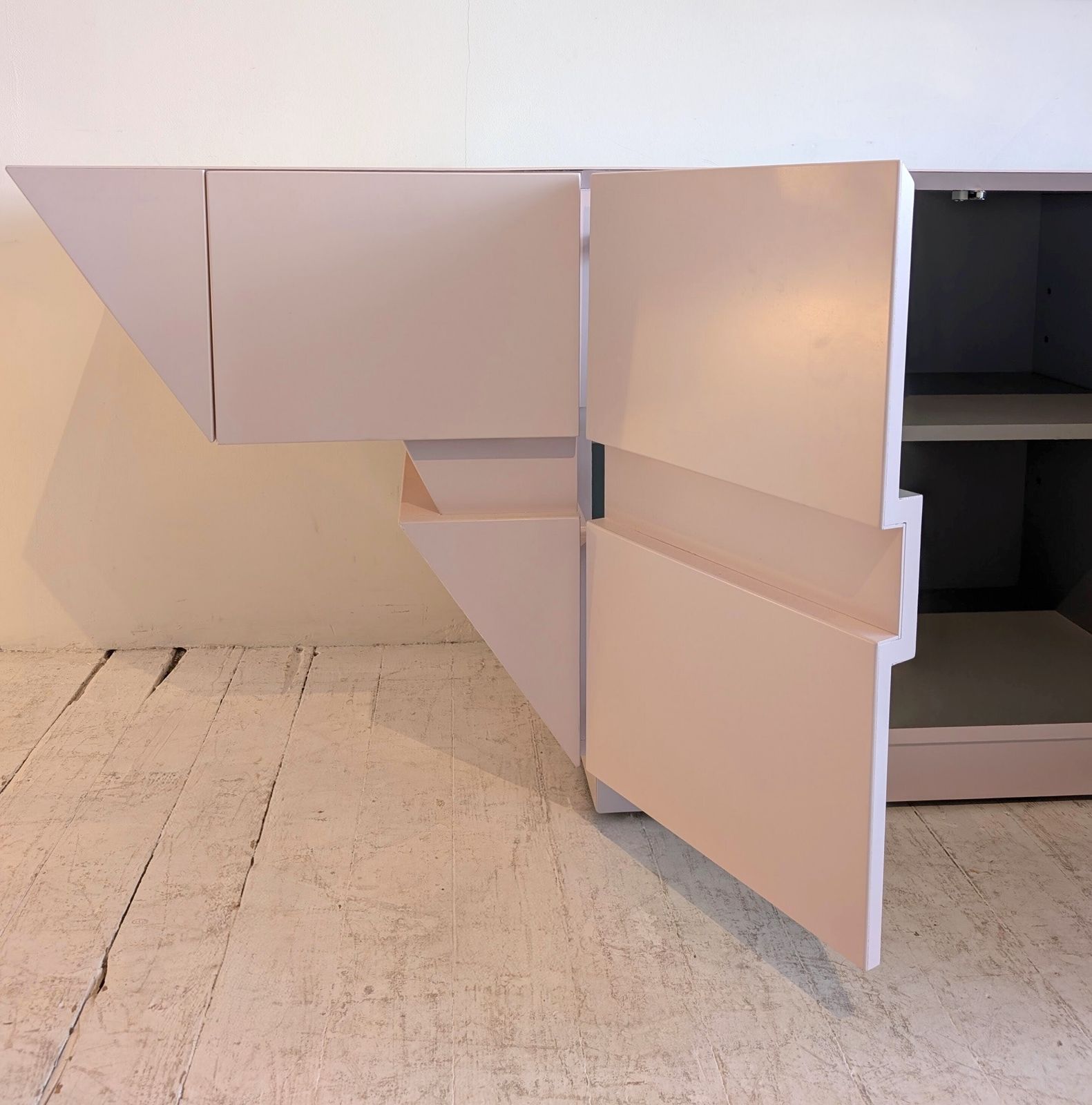 Sculptural Vintage Post Modern Pomo Pale Pink Lacquered Rhombus Sideboard, 1980s American photo Furniture