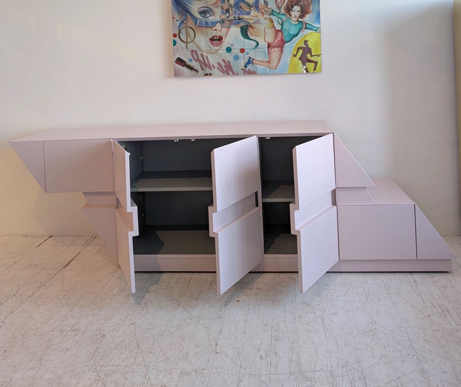 Sculptural Vintage Post Modern Pomo Pale Pink Lacquered Rhombus Sideboard, 1980s American photo 2195.0