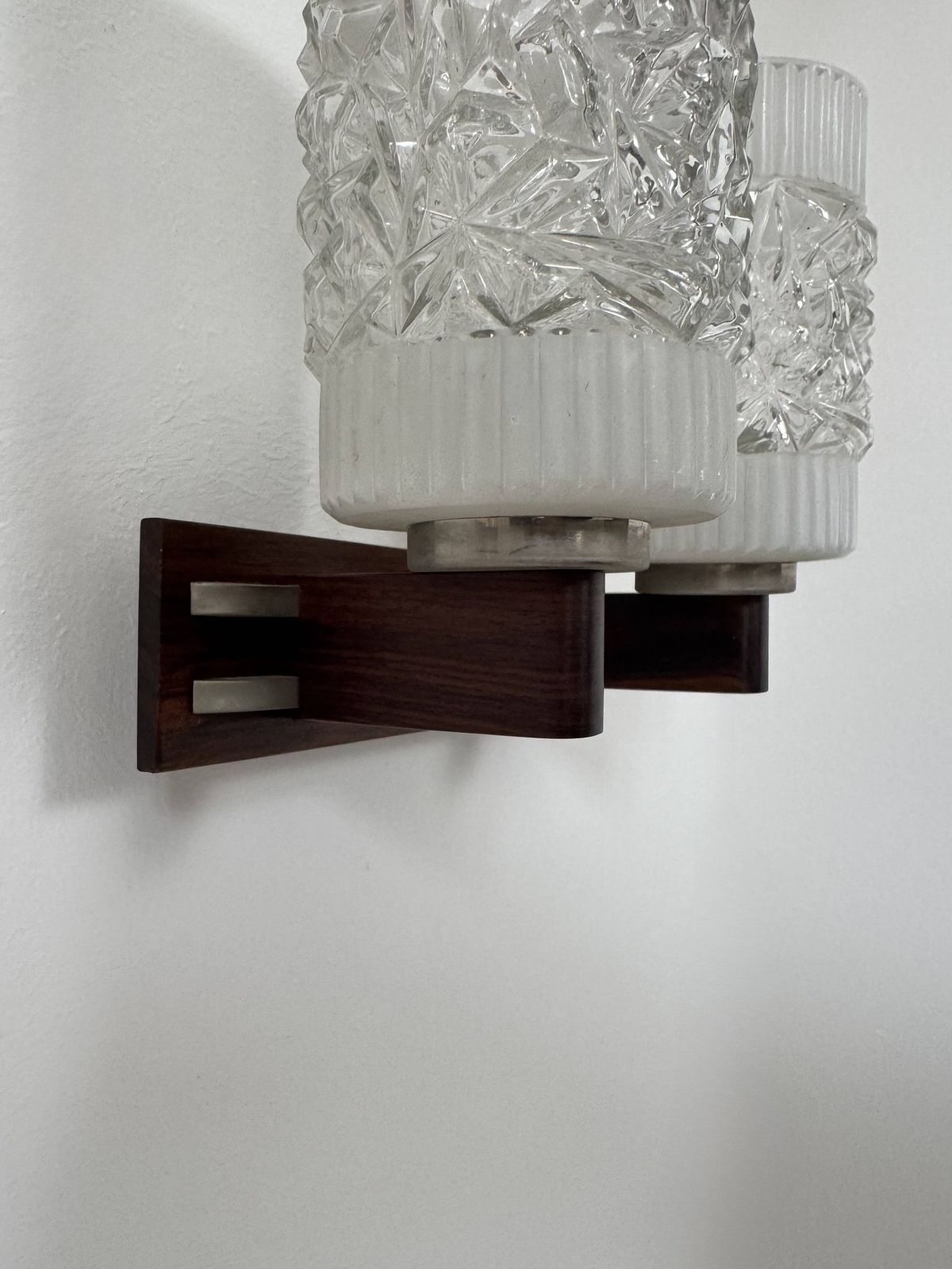 Pair Of Vintage Wall Lights, Chrome, Rosewood And Pressed Molded Glass, France photo Lighting