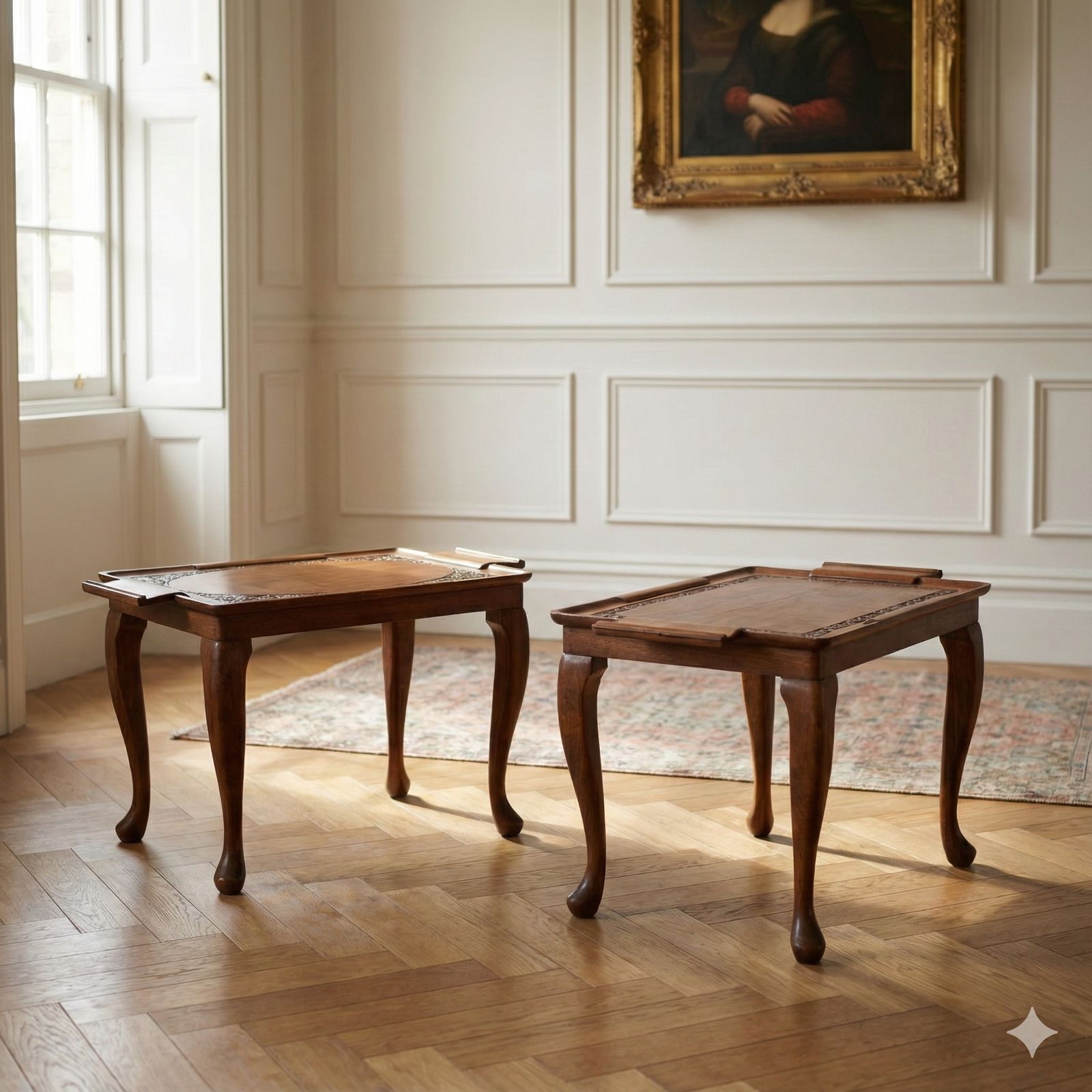 Harlequin Pair Of Queen Anne Revival Walnut Tray Top Tables – British, Circa 1920s