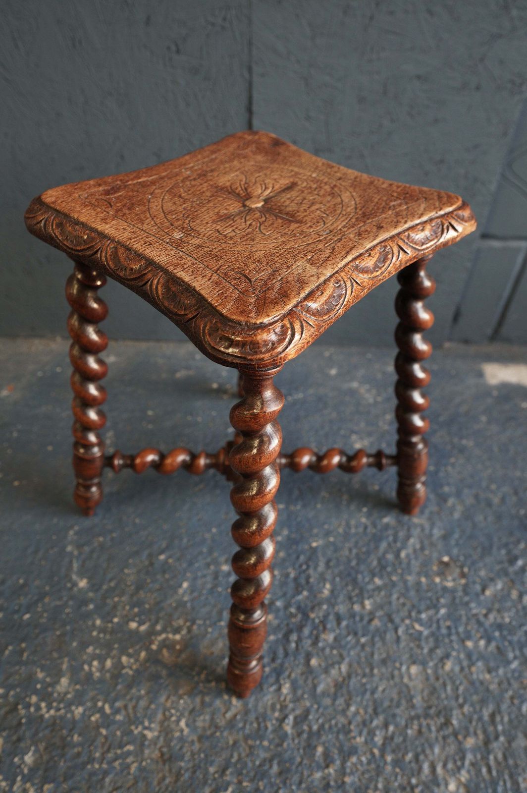Jacobean Revival Carved Oak Barley Twist Stool / Occasional Table – C.1920s photo furniture