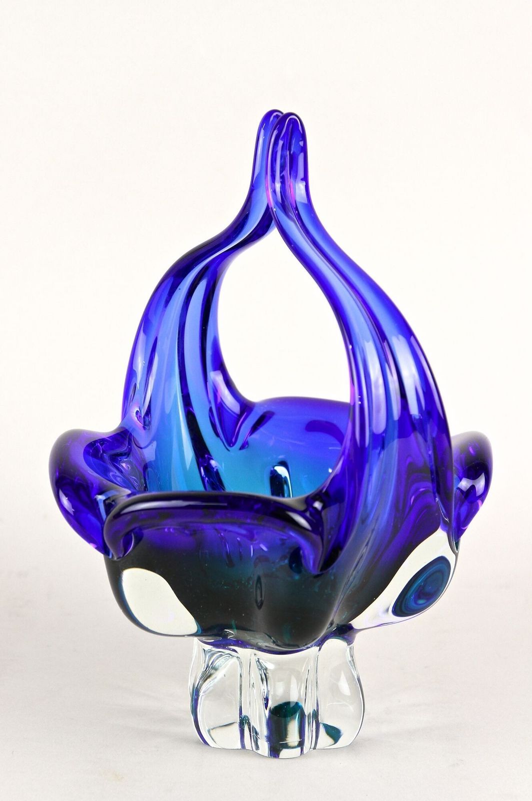 Blue Murano Glass Basket With Curved Handles, Mid Century It Ca. 1960 photo buy