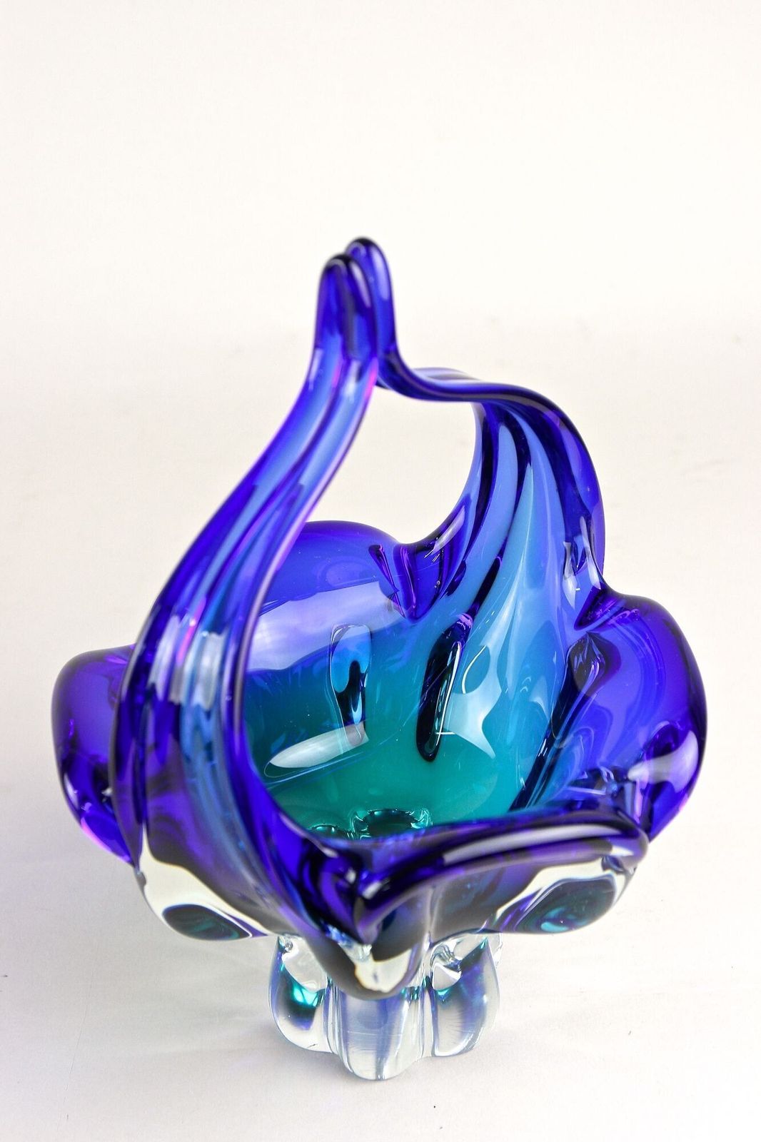 photo for sale Blue Murano Glass Basket With Curved Handles, Mid Century It Ca. 1960