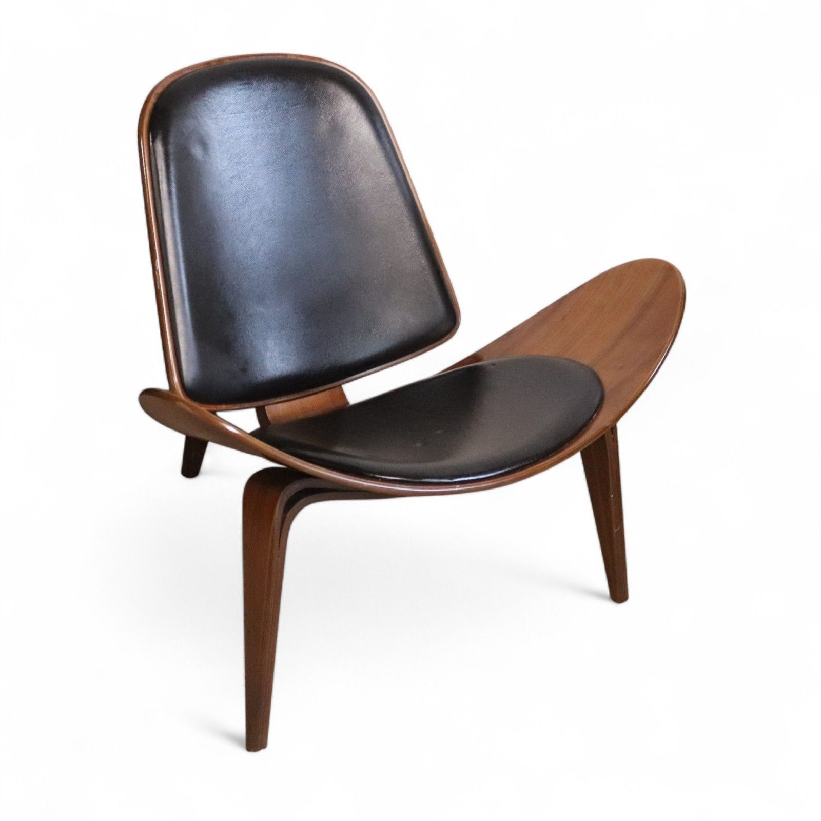 ​Mid Century Modern Walnut & Black Vinyl Shell Chair Hans J. Wegner Style