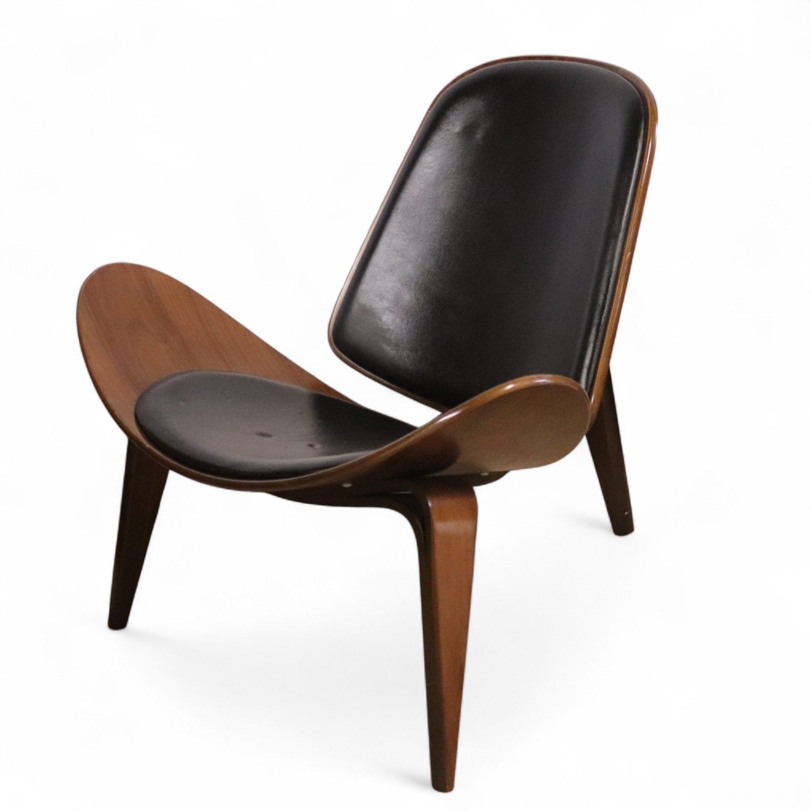 ​Mid Century Modern Walnut & Black Vinyl Shell Chair Hans J. Wegner Style photo buy