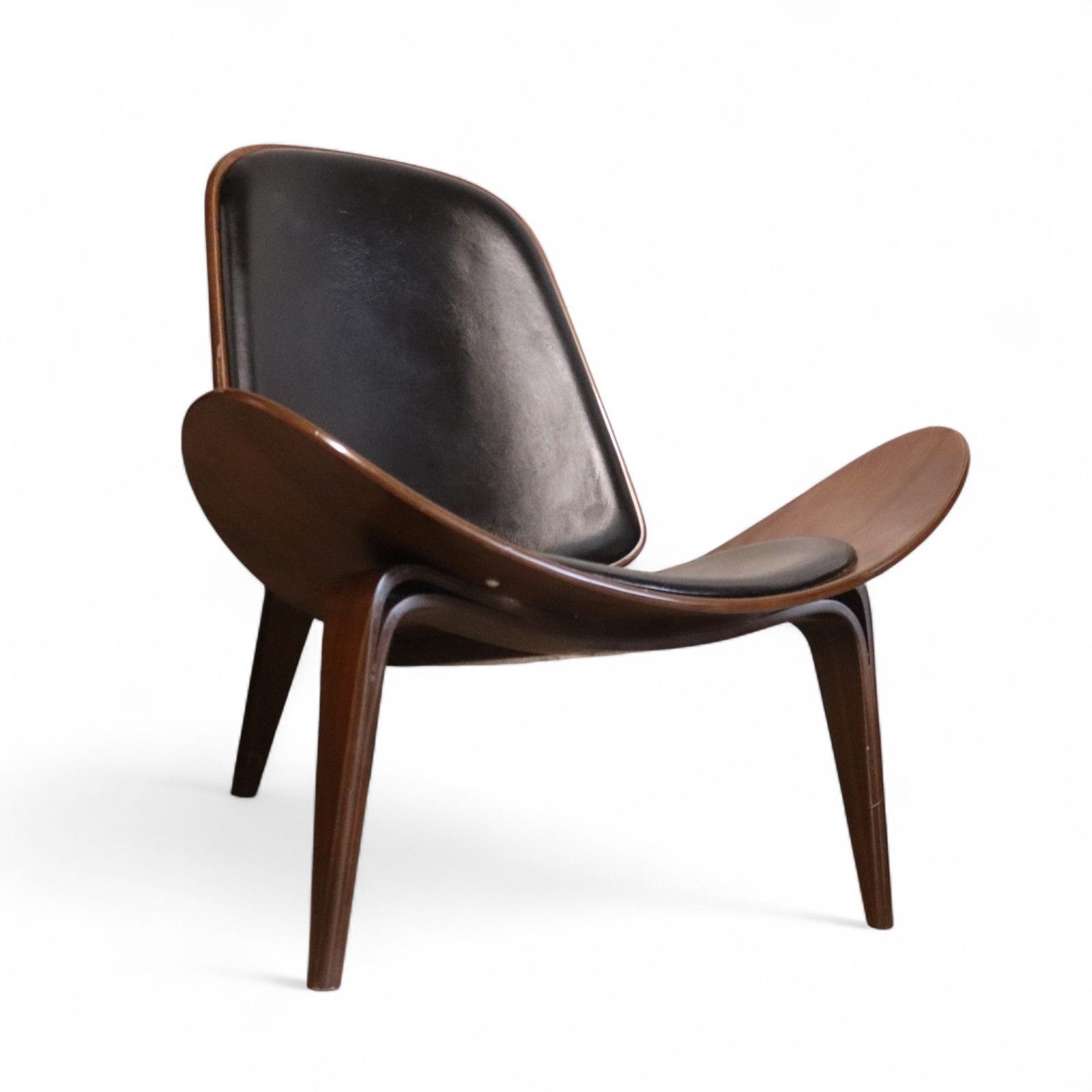 photo for sale ​Mid Century Modern Walnut & Black Vinyl Shell Chair Hans J. Wegner Style