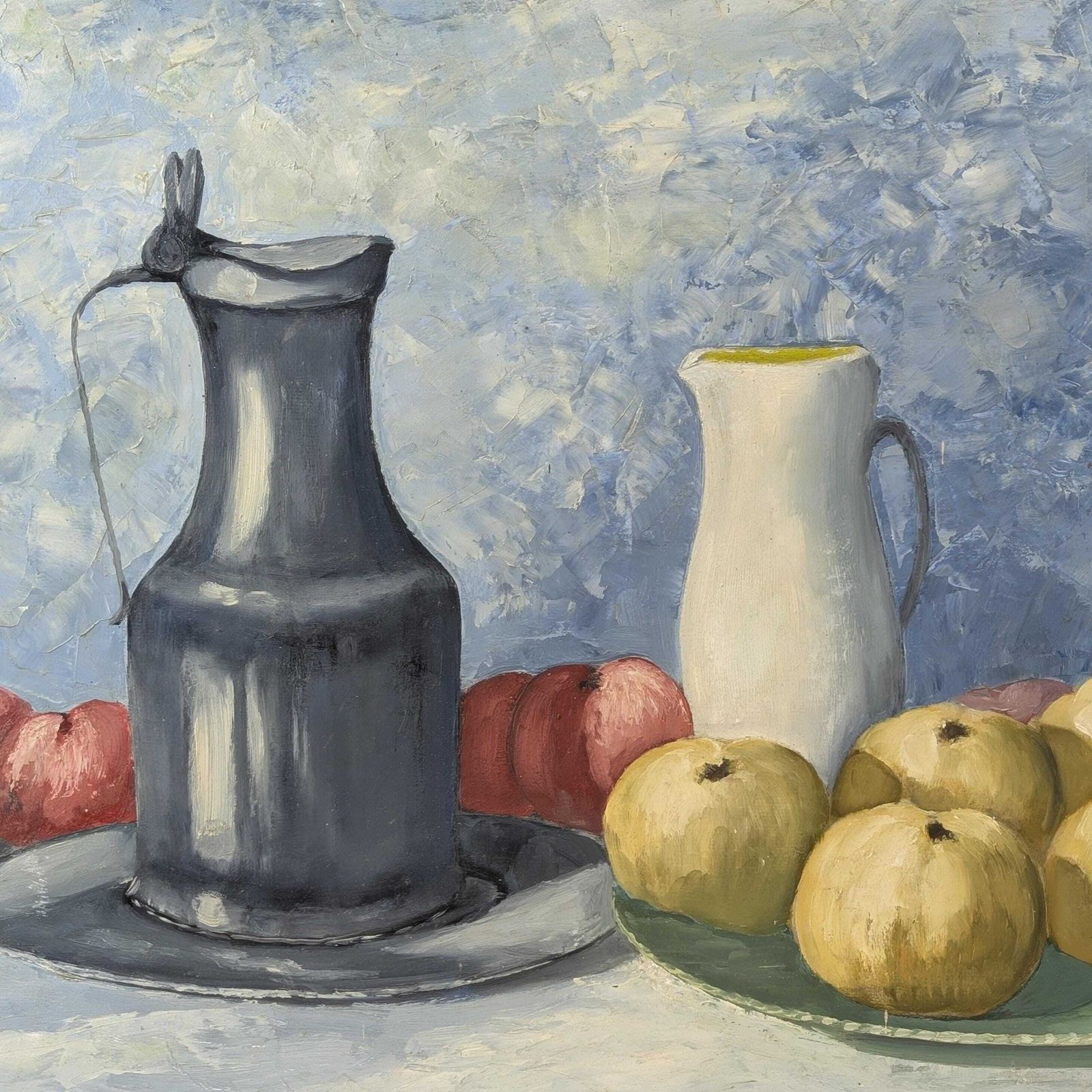 Marchand Signed Oil Painting: Blue Still Life With Pewter Jug And Fruit On Canvas photo for sale