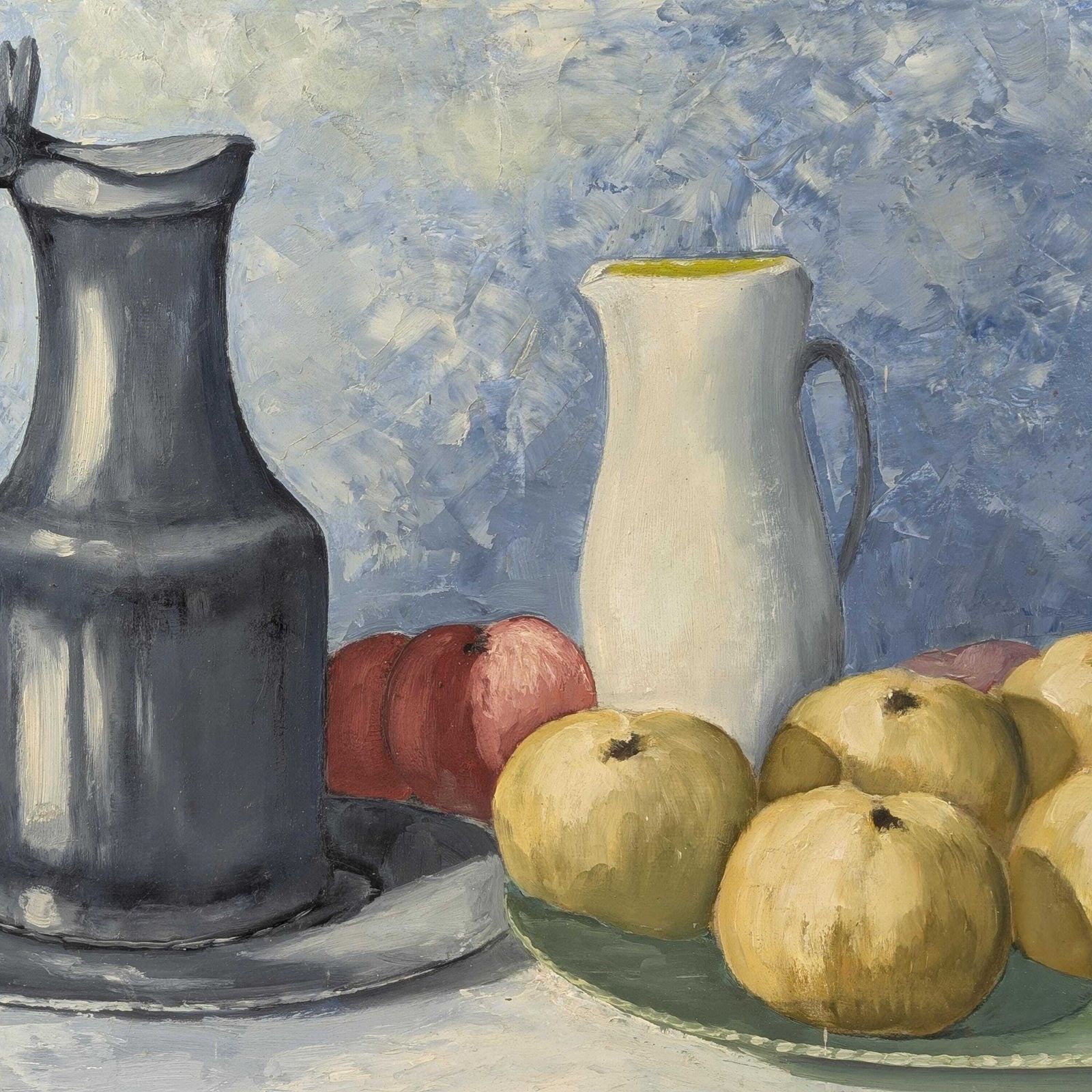 Marchand Signed Oil Painting: Blue Still Life With Pewter Jug And Fruit On Canvas photo Art
