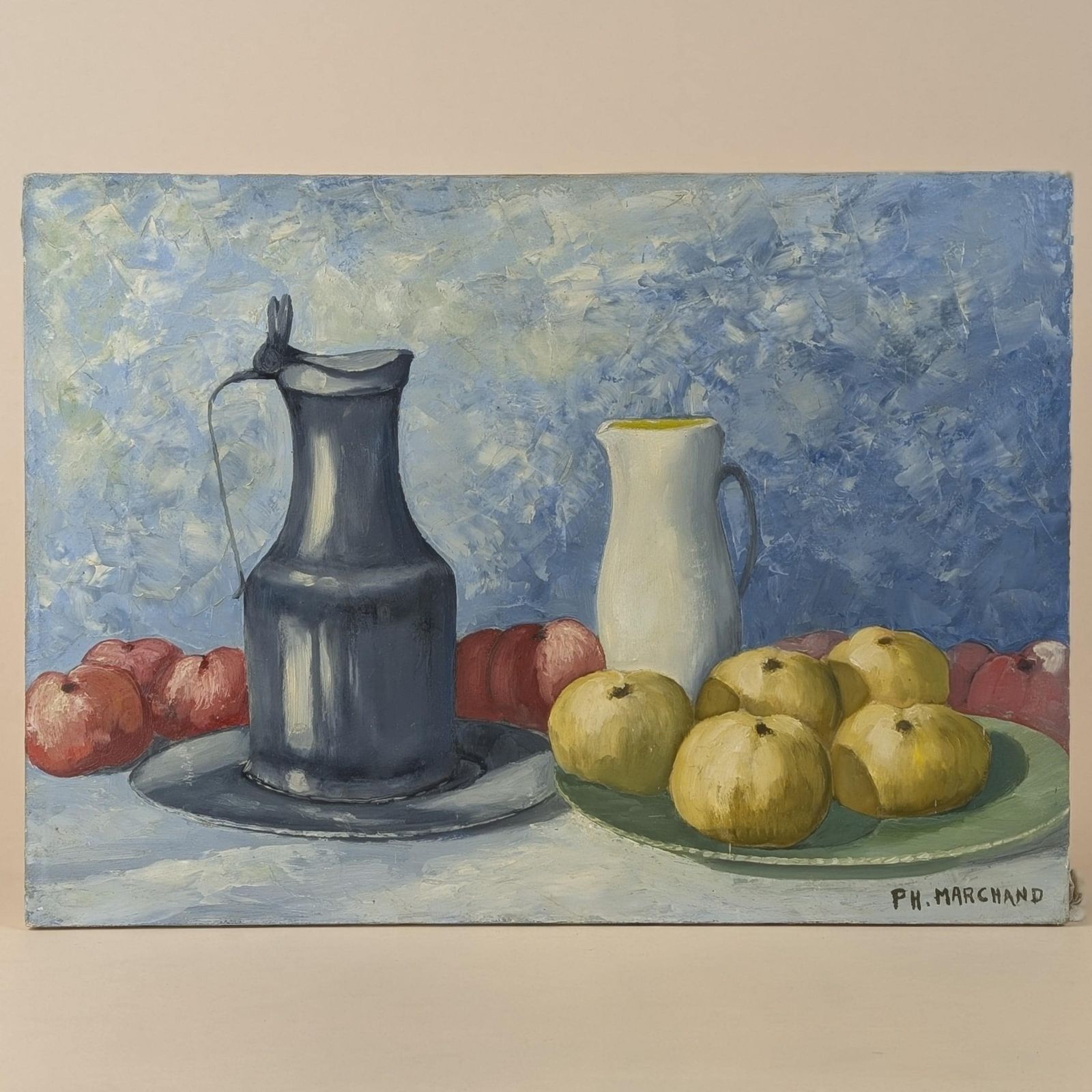 146.0 Marchand Signed Oil Painting: Blue Still Life With Pewter Jug And Fruit On Canvas photo