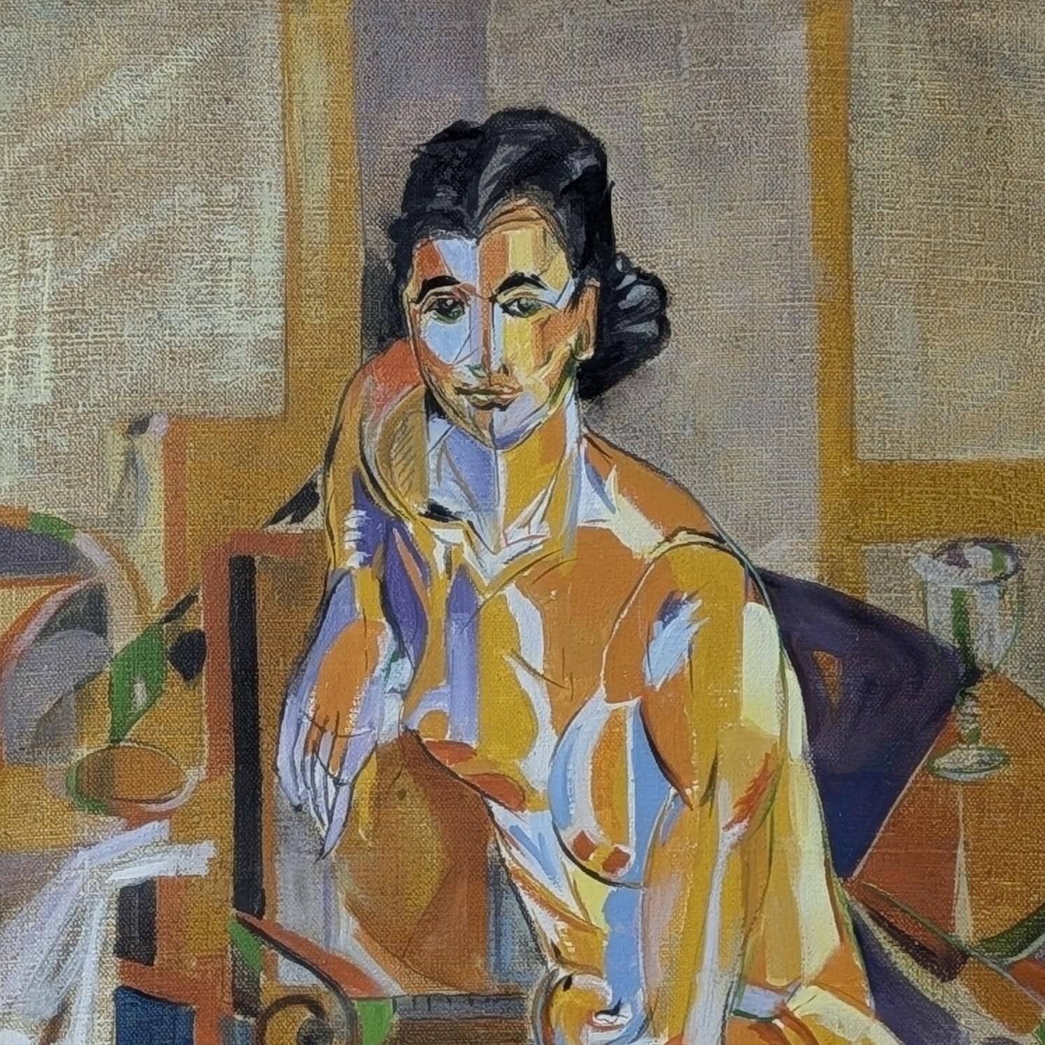 Mid Century French Nude Oil Painting: Cubist Style Female Figure Study Ochre Canvas photo furniture