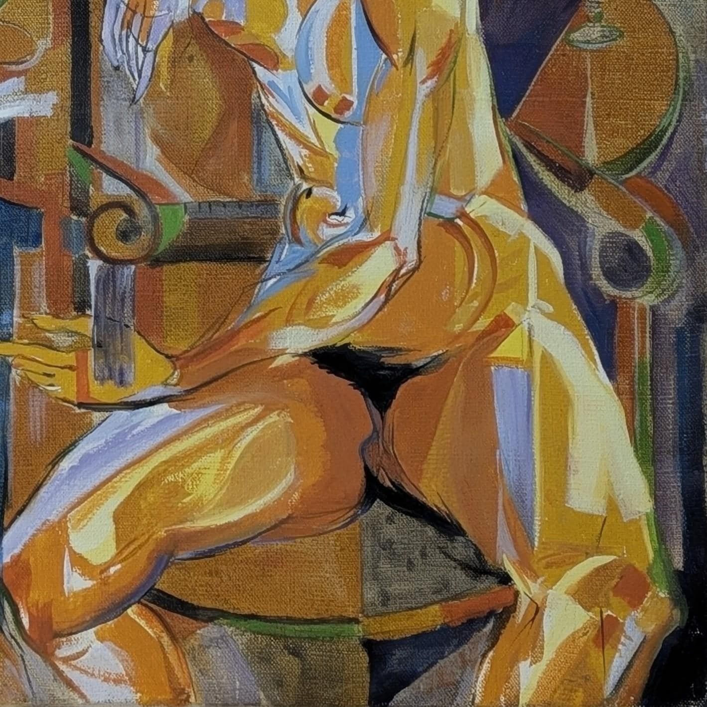 Mid Century French Nude Oil Painting: Cubist Style Female Figure Study Ochre Canvas photo for sale