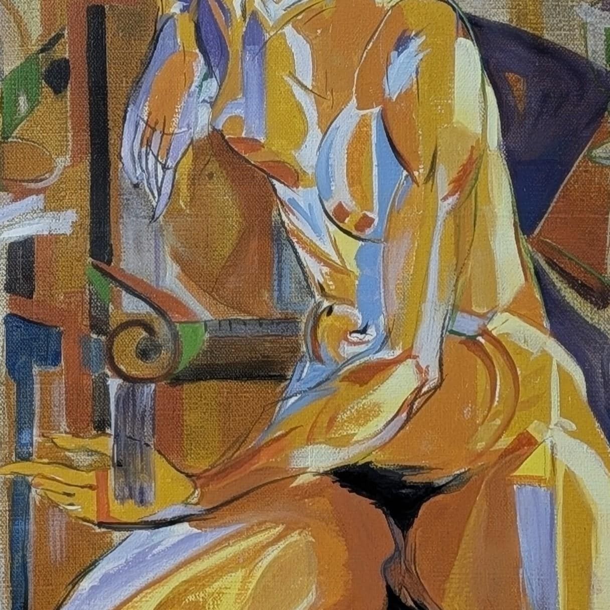 Mid Century French Nude Oil Painting: Cubist Style Female Figure Study Ochre Canvas photo 351.0