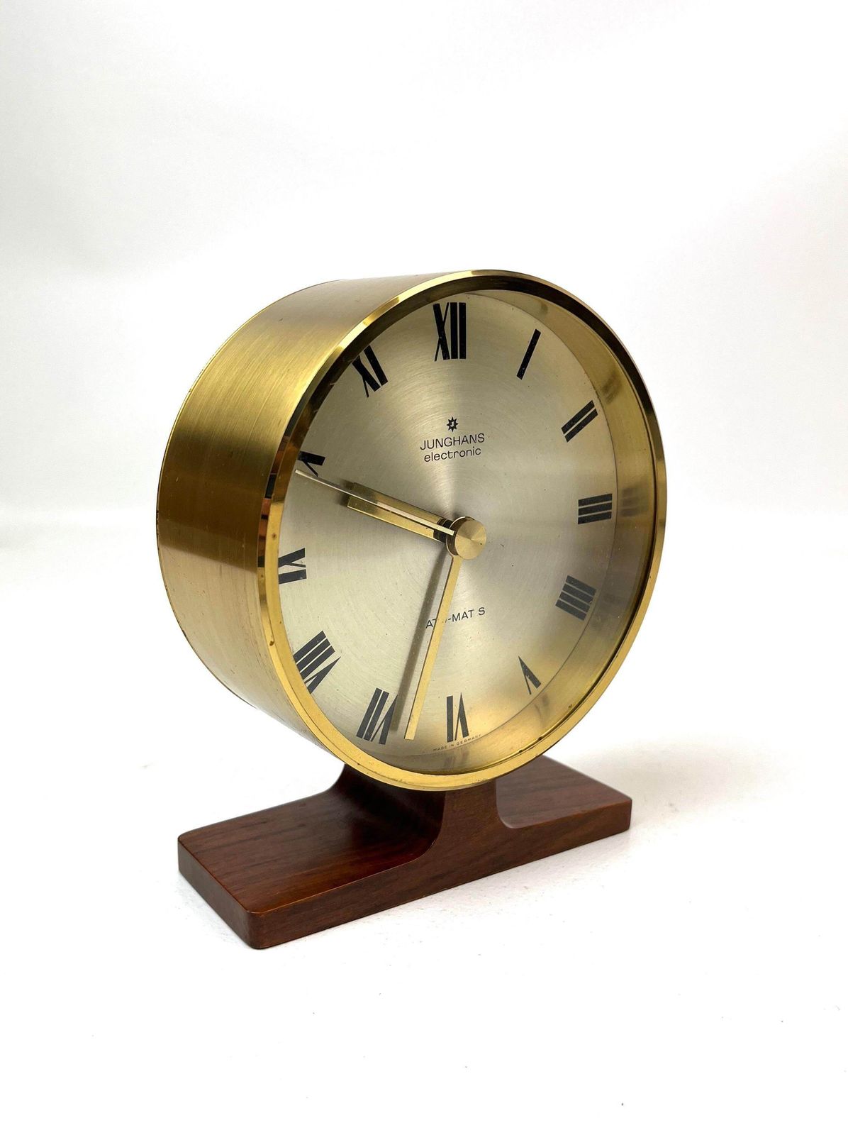 Rare Mid Century Teak Foot Round Brass Desk Clock By Junghans Ato Mat