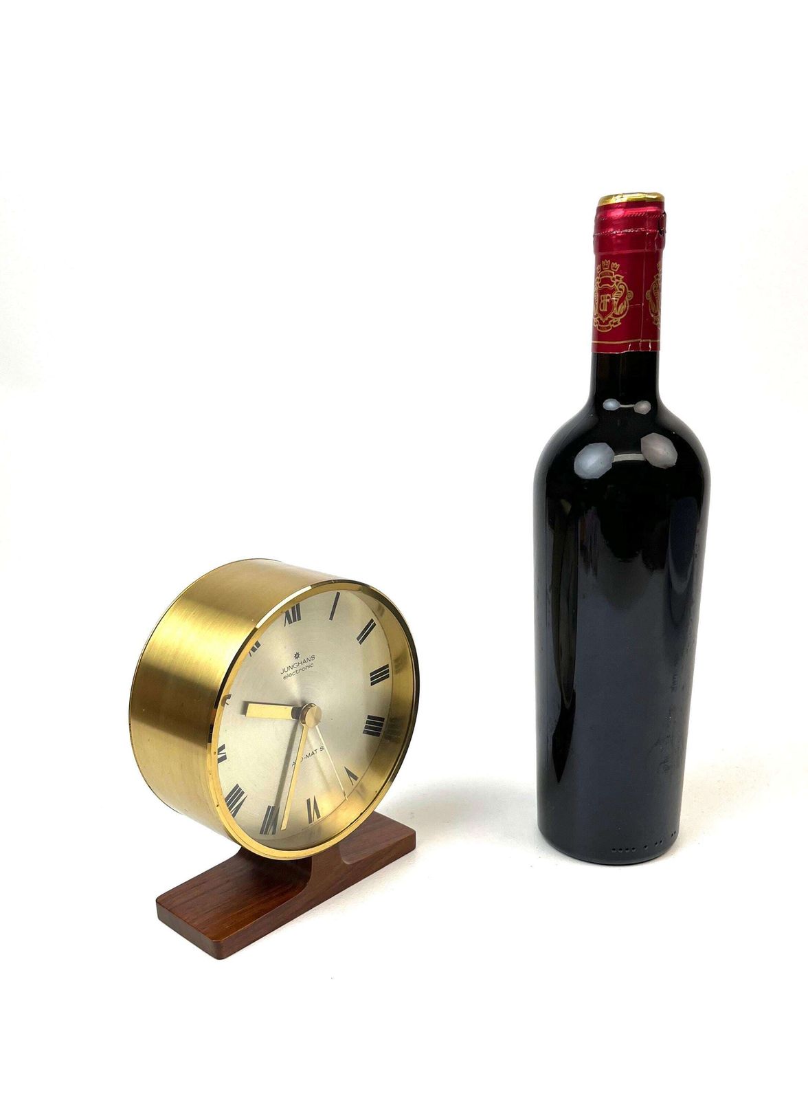 Rare Mid Century Teak Foot Round Brass Desk Clock By Junghans Ato Mat photo vinterior