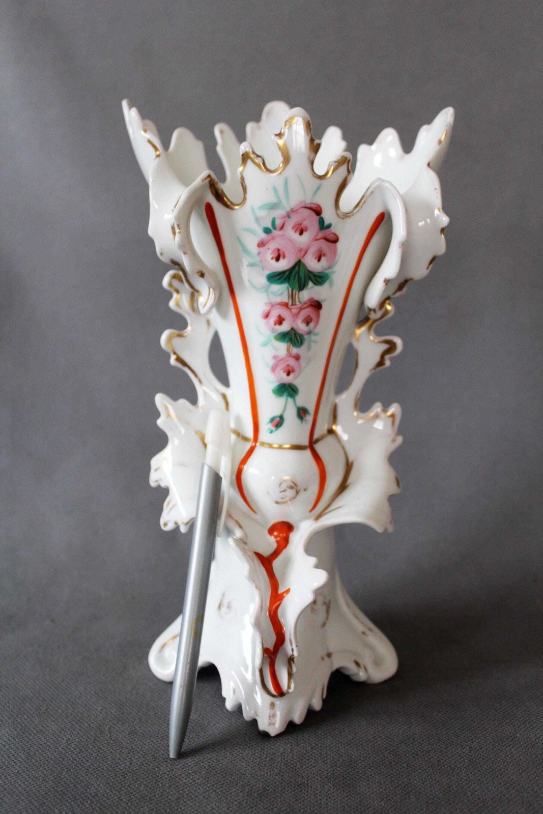 Large Antique Vieux Paris Porcelain Vase, Louis Philippe Bridal Vase, Spill Vase, Thistle Shape, Mantel Vase, Wedding Vase, Hand Painted photo vintage