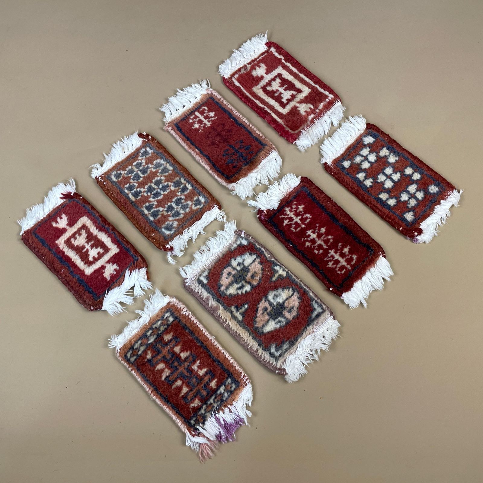 Vintage Miniature Oriental Rugs X8 Handwoven Wool Tabletop Decor Red Mats Set Geometric Small Carpets White Tassels