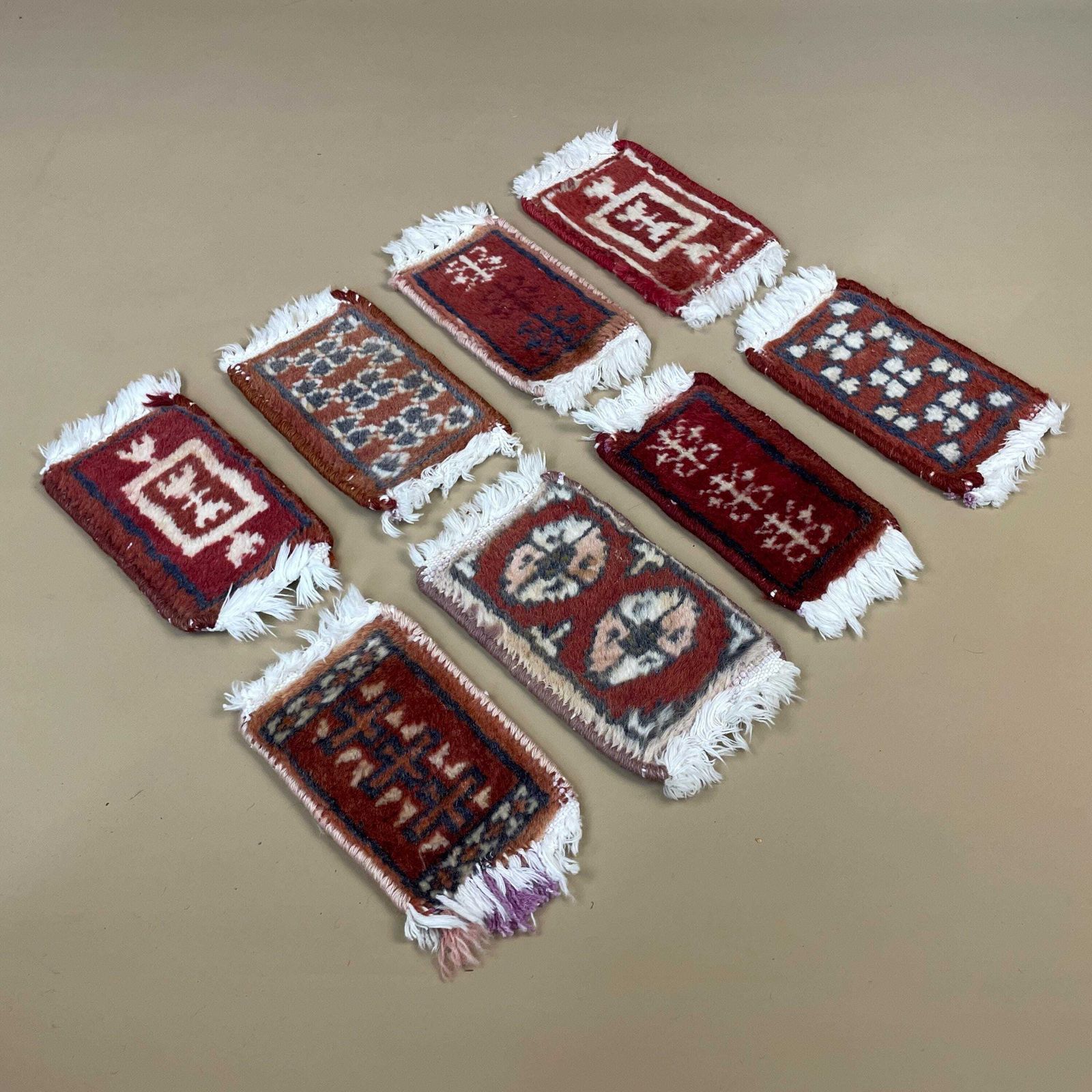 Vintage Miniature Oriental Rugs X8 Handwoven Wool Tabletop Decor Red Mats Set Geometric Small Carpets White Tassels photo furniture