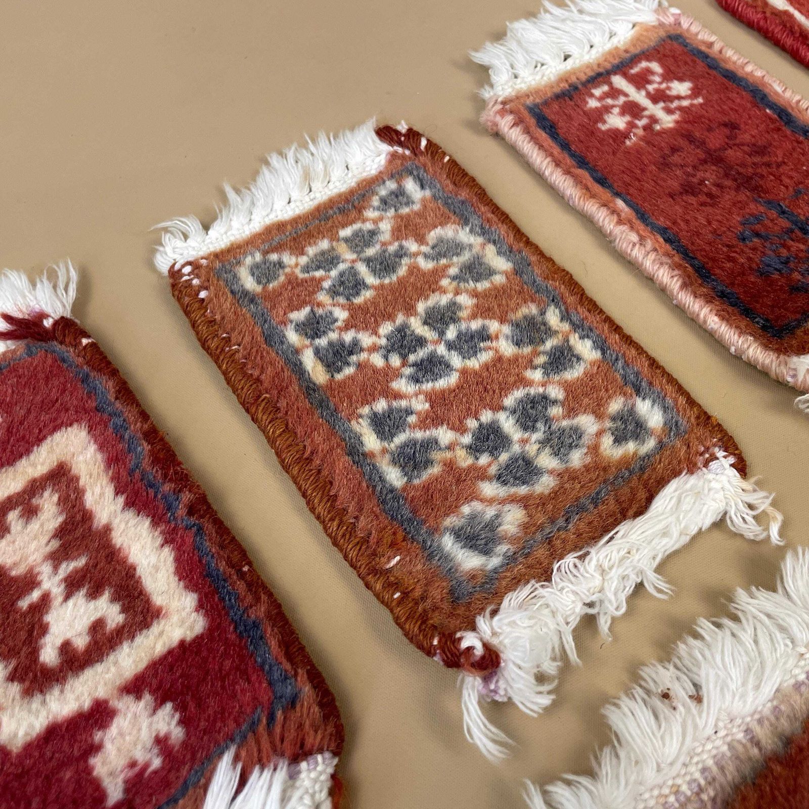 Vintage Miniature Oriental Rugs X8 Handwoven Wool Tabletop Decor Red Mats Set Geometric Small Carpets White Tassels photo 57.0
