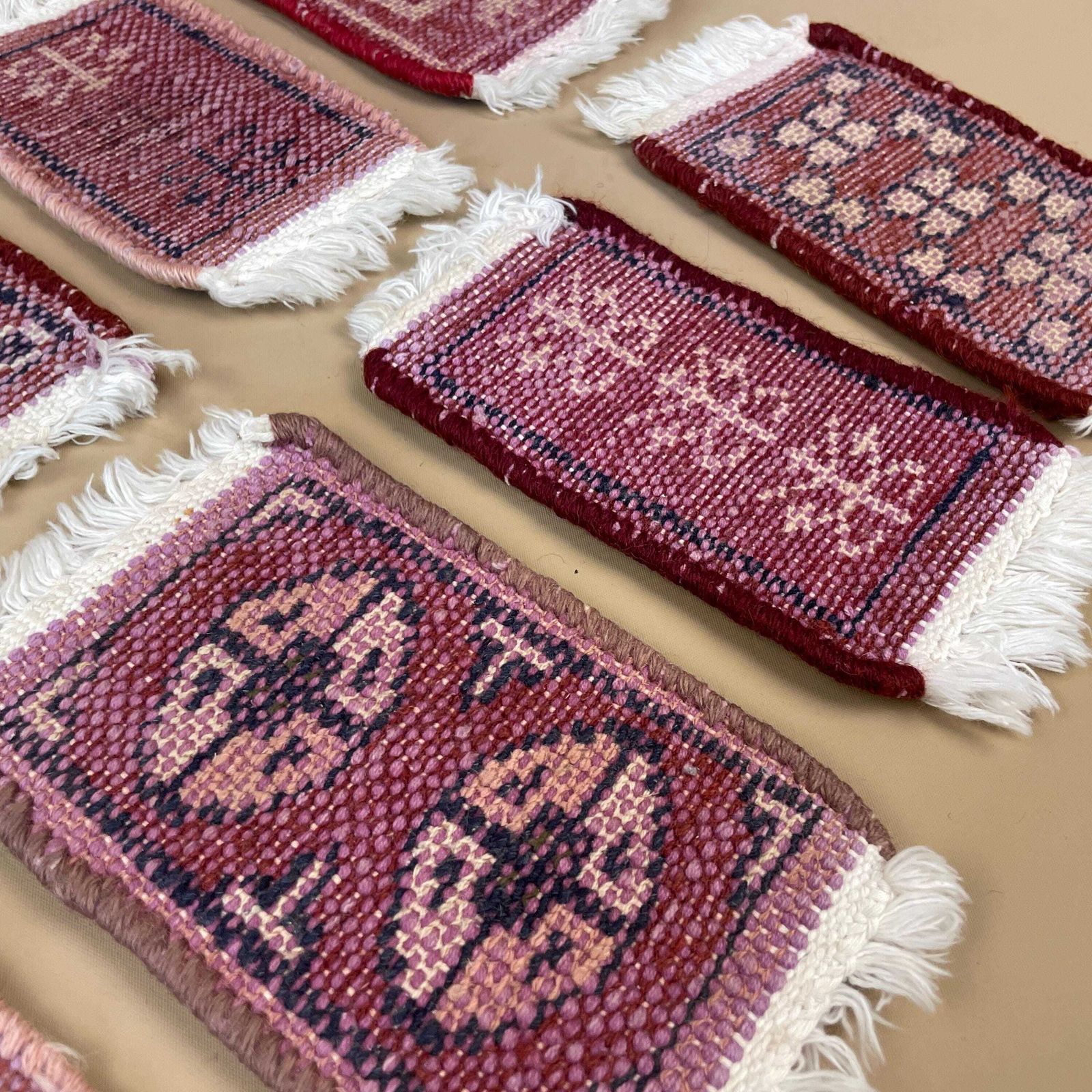 photo for sale Vintage Miniature Oriental Rugs X8 Handwoven Wool Tabletop Decor Red Mats Set Geometric Small Carpets White Tassels