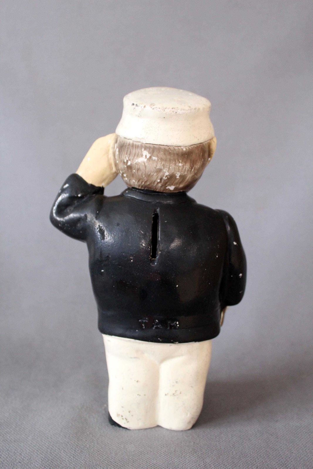 Home Decor Antique Circa 1900s French Chalkware Plaster Piggy Bank To Break, Money Box, Man In Uniform, Military Salute, Collectable, Black And White photo