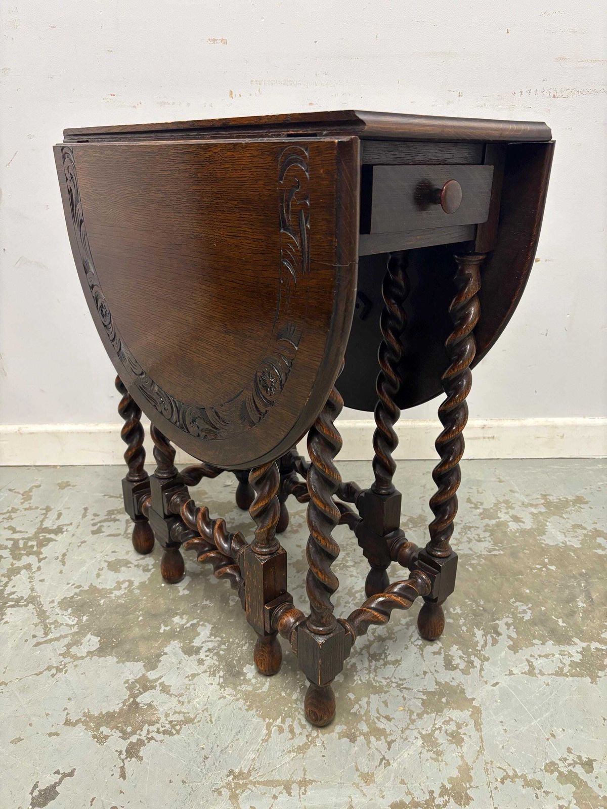 Vintage Oak Drop Leaf Table Barley Twist Legs Gateleg Style End Table