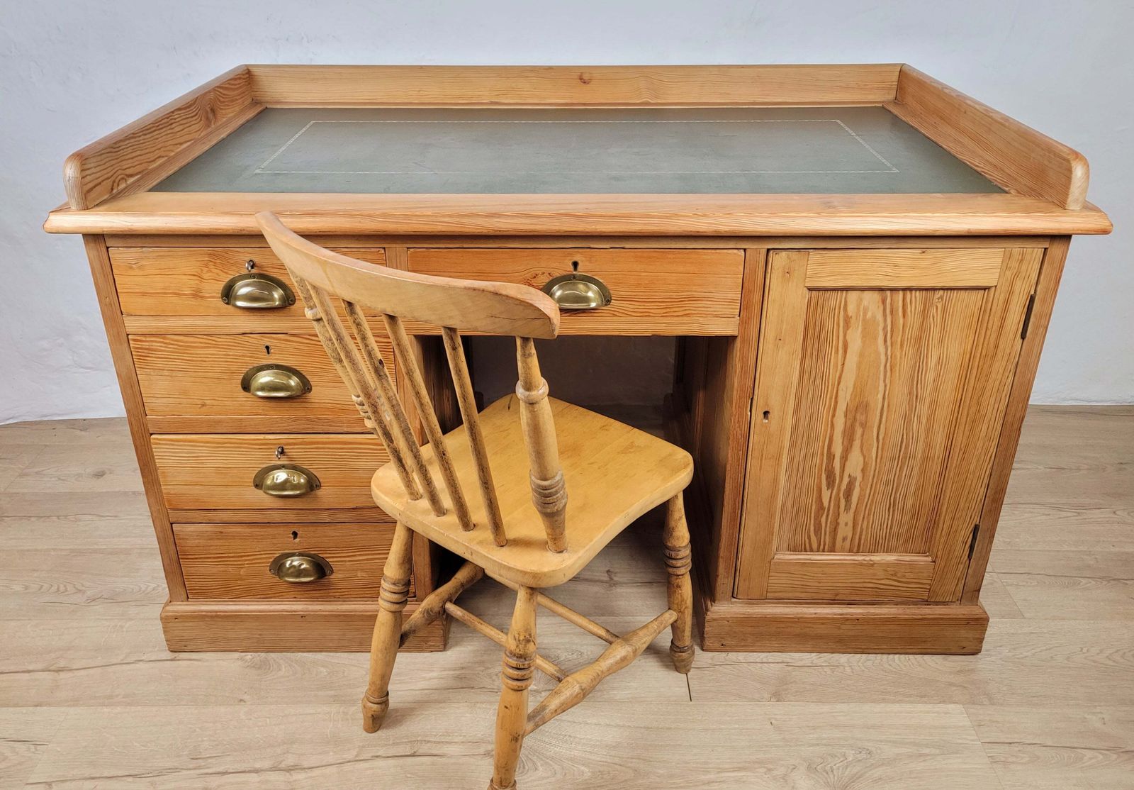 Furniture Pine Writing Desk & Chair Leather Top Country Rustic Antique Delivery Available photo
