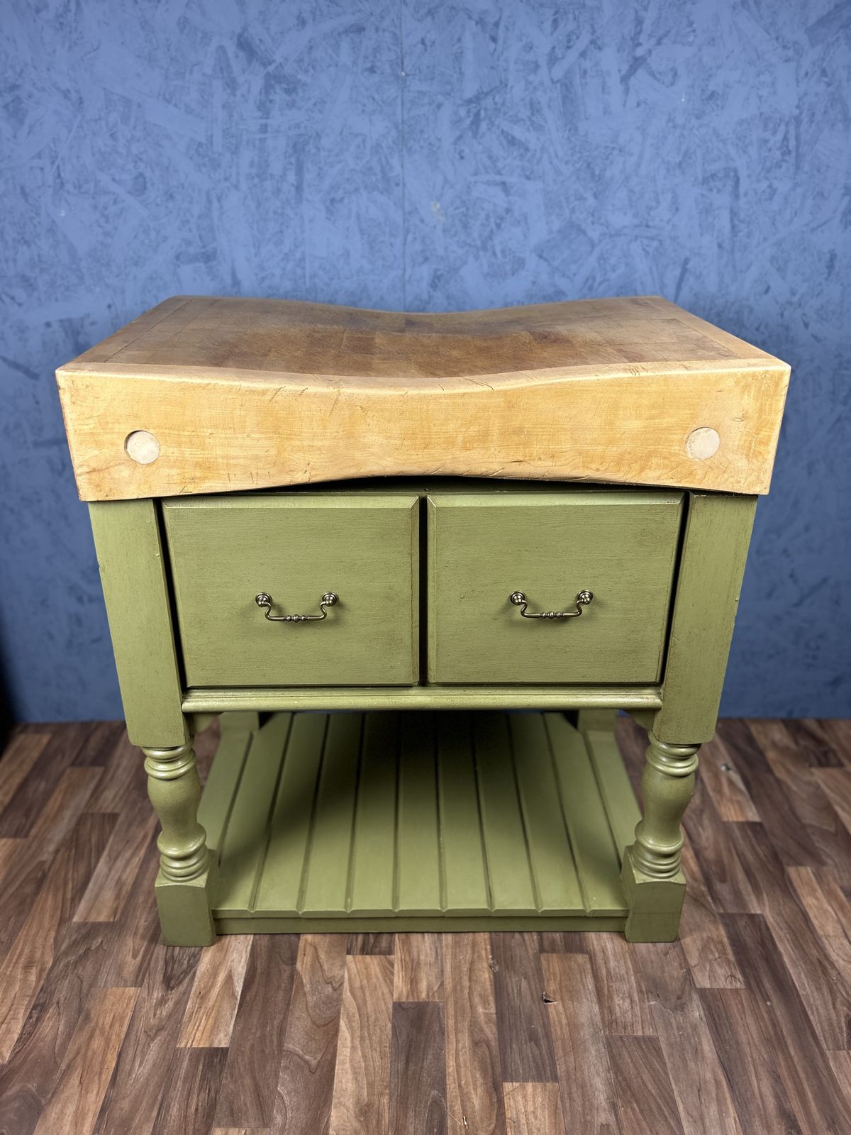 Vintage Butchers Block Kitchen Island With Two Drawers photo for sale