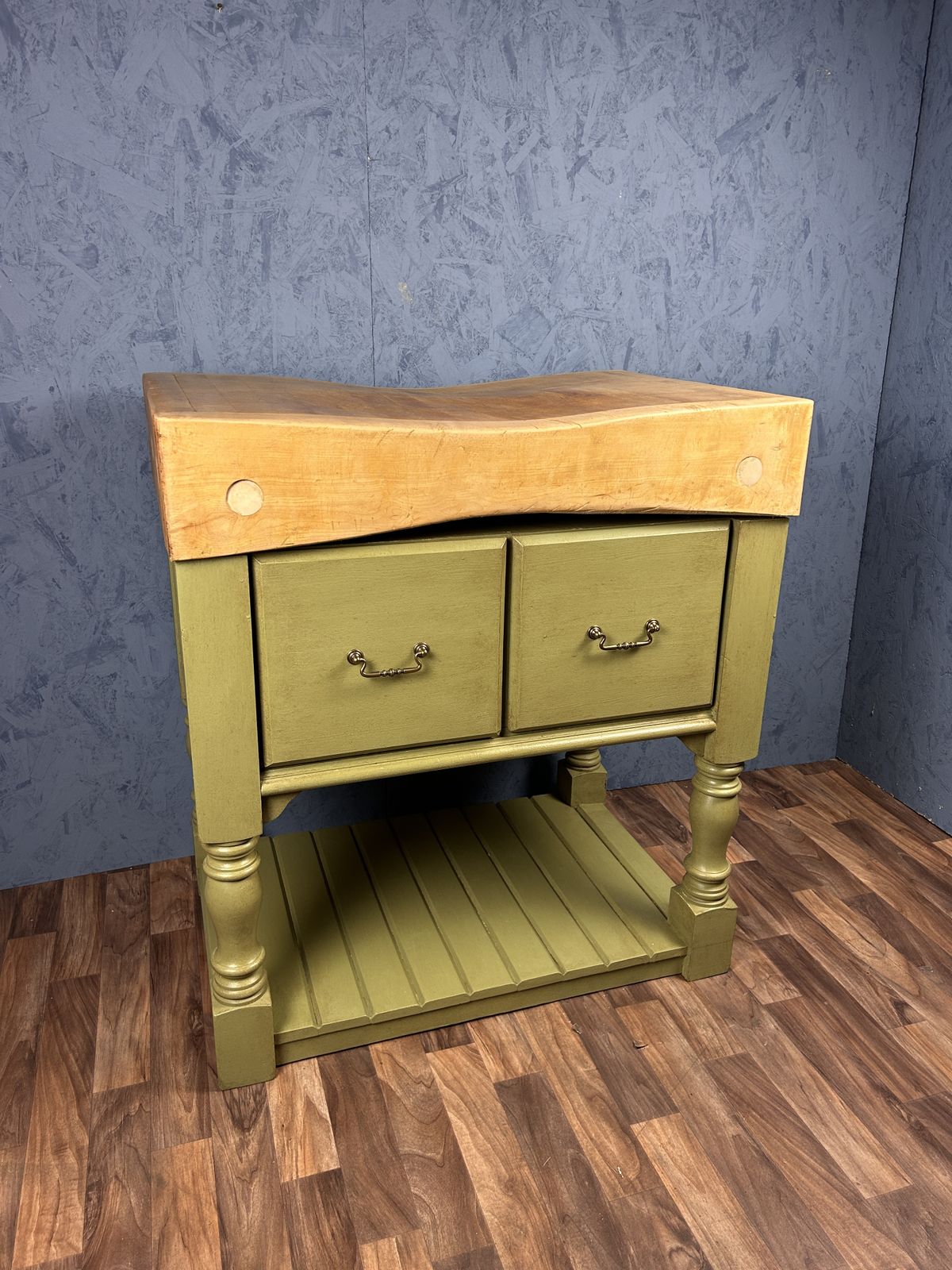 photo for sale Vintage Butchers Block Kitchen Island With Two Drawers