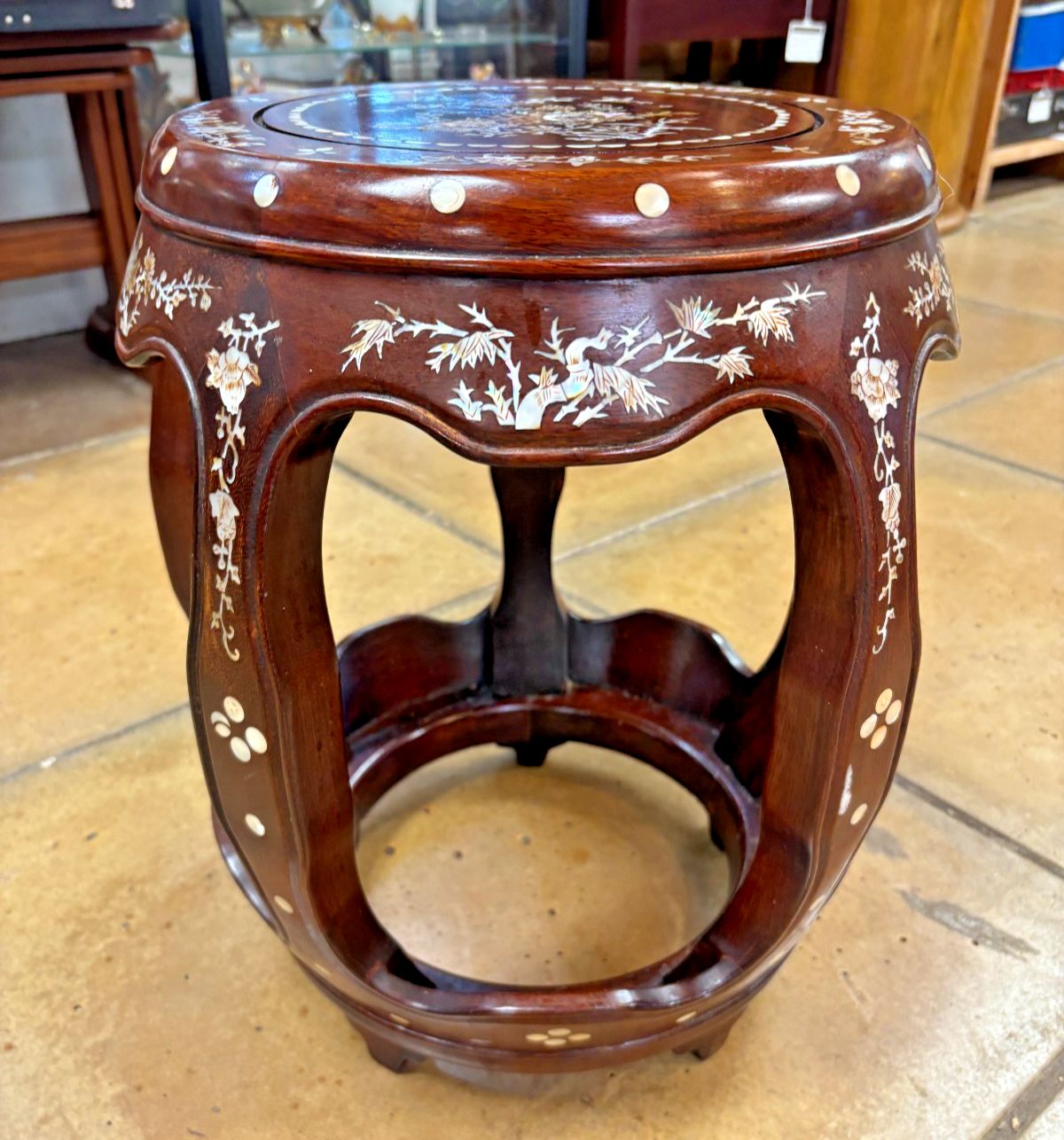 Antique Chinese Rosewood & Mother Of Pearl Drum Stool photo 245.0