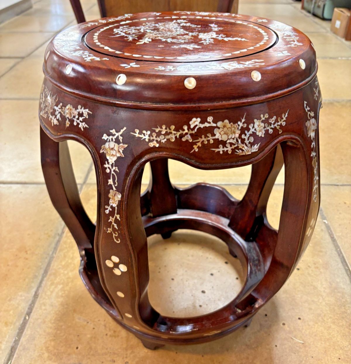 photo for sale Antique Chinese Rosewood & Mother Of Pearl Drum Stool
