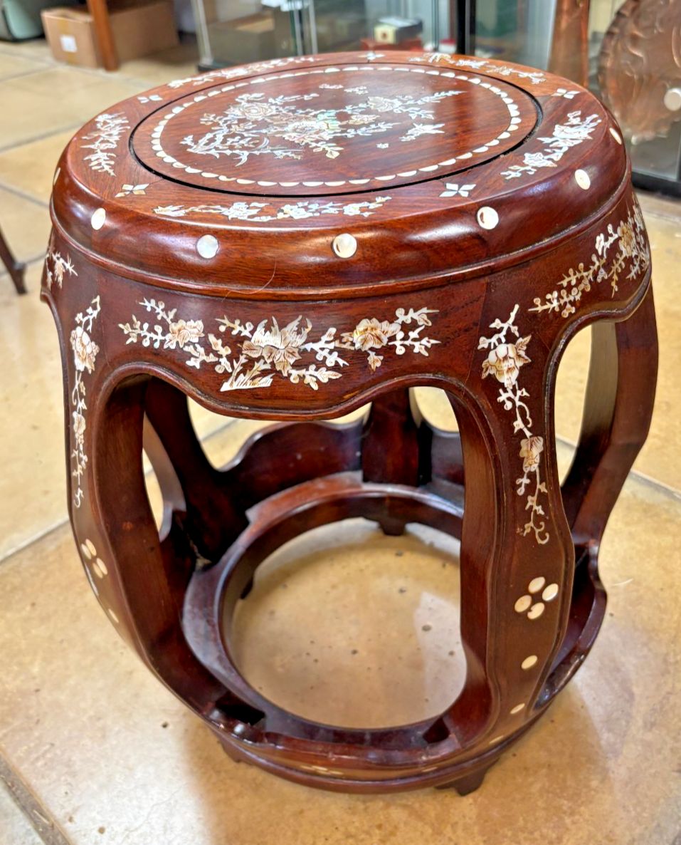 Furniture Antique Chinese Rosewood & Mother Of Pearl Drum Stool photo