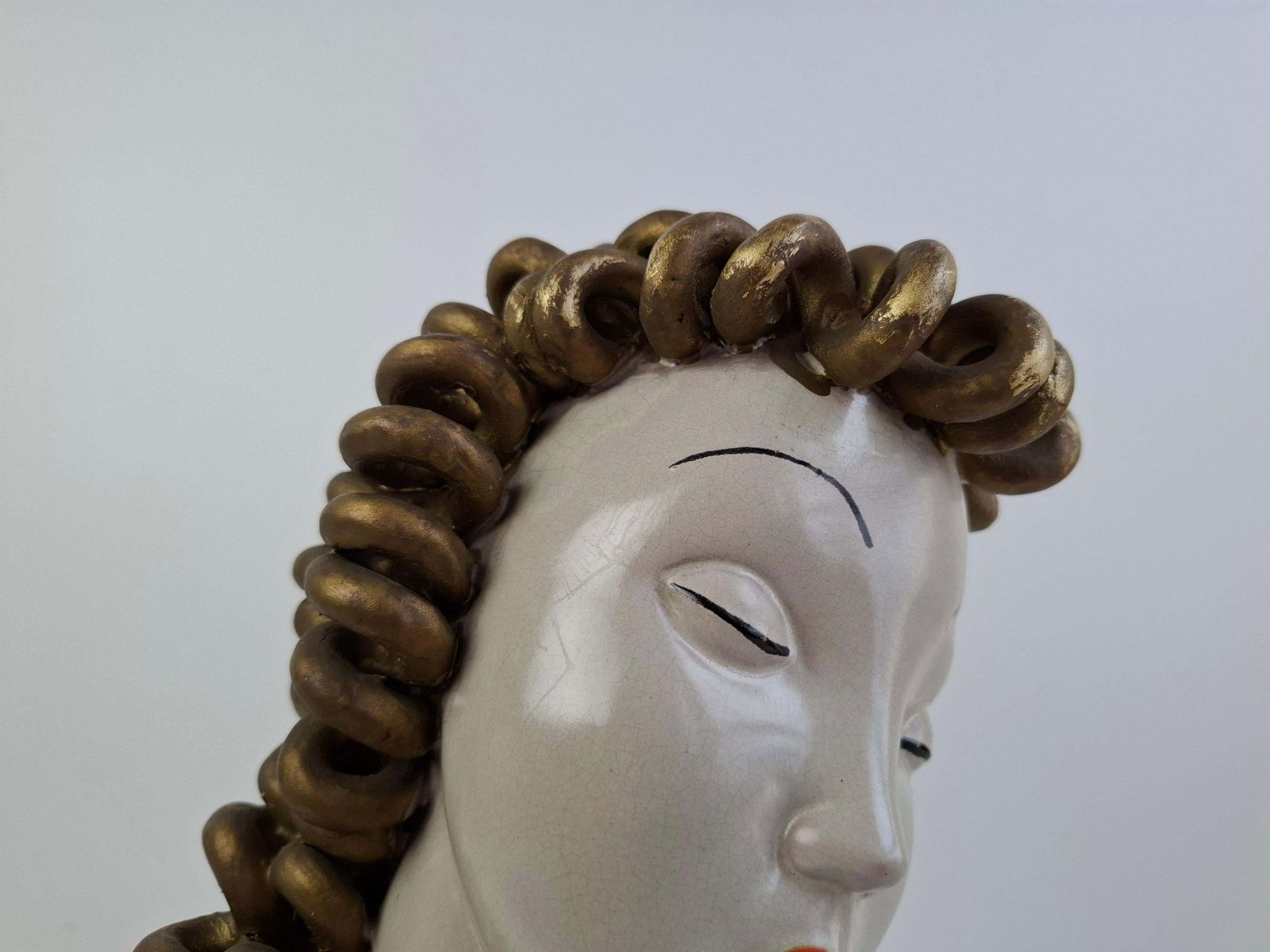 1930s Czechoslovak Art Deco Ceramic Bust Of A Woman With Gilded Curled Hair photo Art