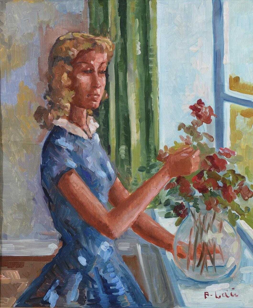 Original Swedish Oil On Canvas – “Woman With Flowers” By Bendt Lauritzen – Signed, Framed 82 × 72 Cm (32.3" × 28.3") photo furniture